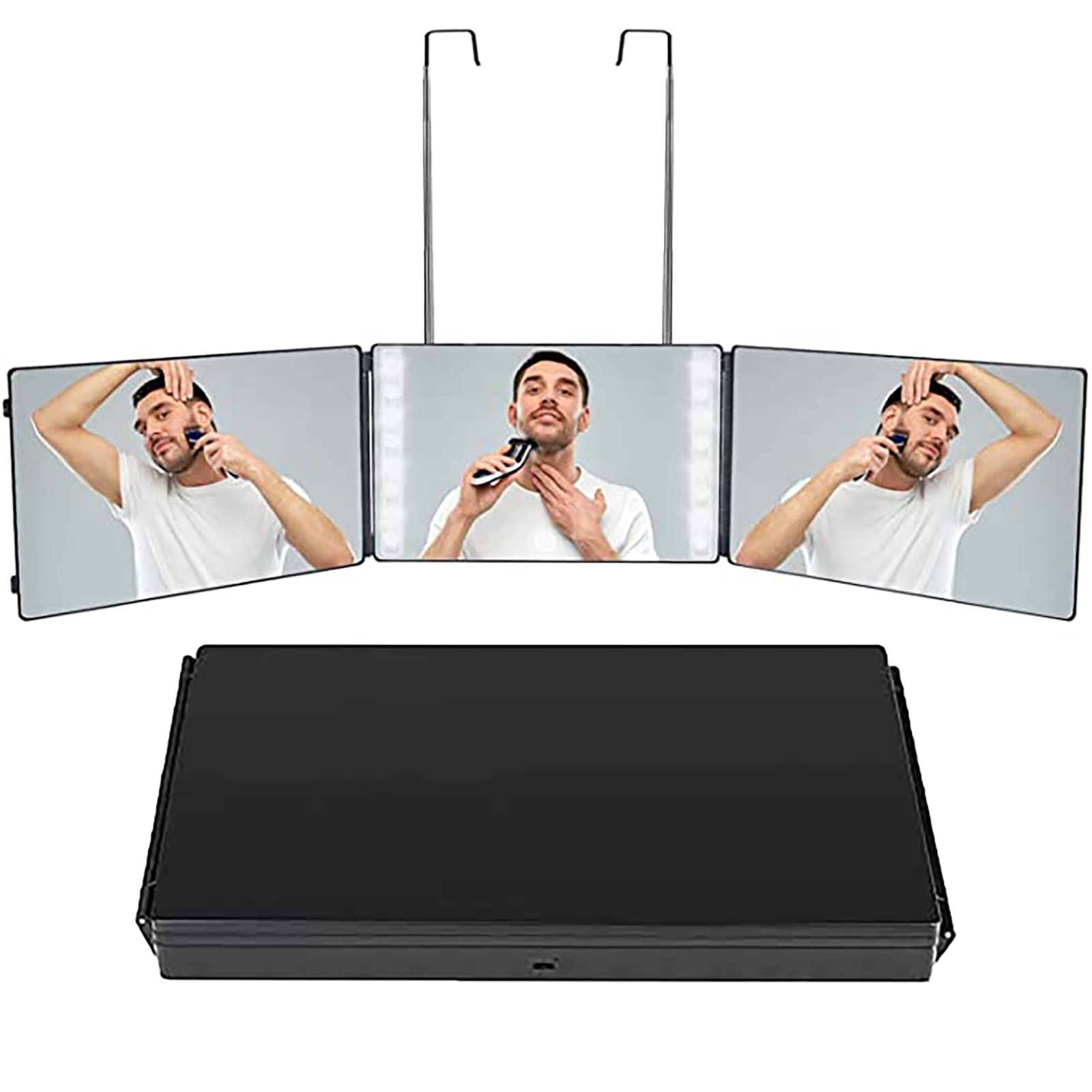 360° Adjustable Tri-Fold Mirror for Shaving, Haircut & Makeup - Self-Cutting Barber Mirror with Height Adjustment - Perfect for Home Salon, Grooming & Styling (Black)