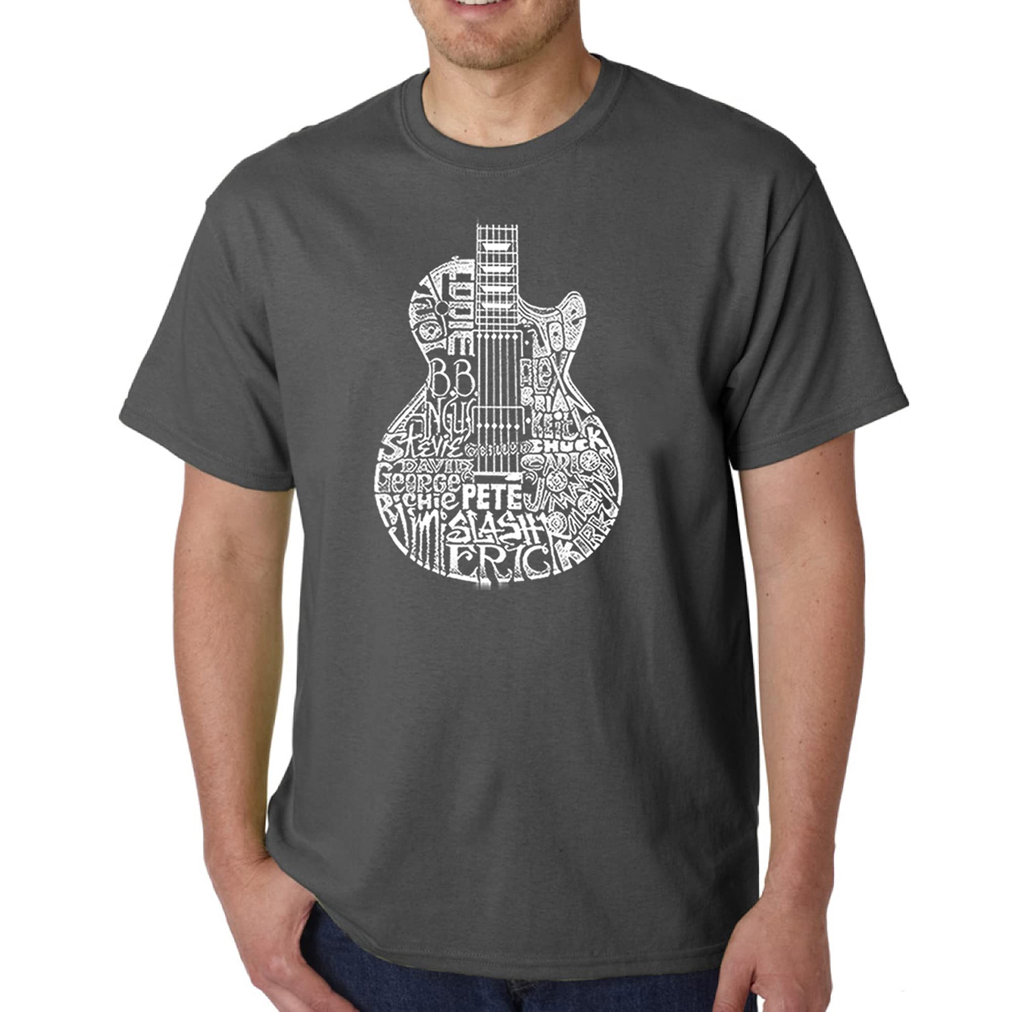 LA POP ART Men's Word Art Graphic T-Shirt - Rock Guitar Head Design | Casual Streetwear for Music Lovers & Concert Goers