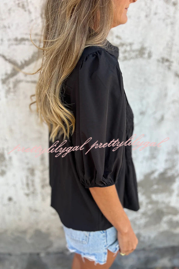 Solid Color Round Neck Button Pleated Short Sleeve Casual Shirt for Women - Summer Office Wear & Weekend Outfits