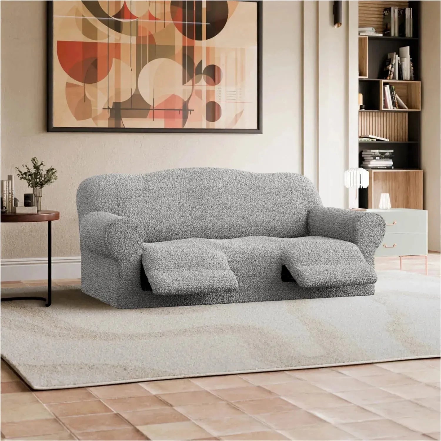 3 Seater Recliner Slipcover - Mille Righe Collection | Stretchable Sofa Cover for Living Room, Family Room & Home Theater | Easy Wash & Anti-Slip Design