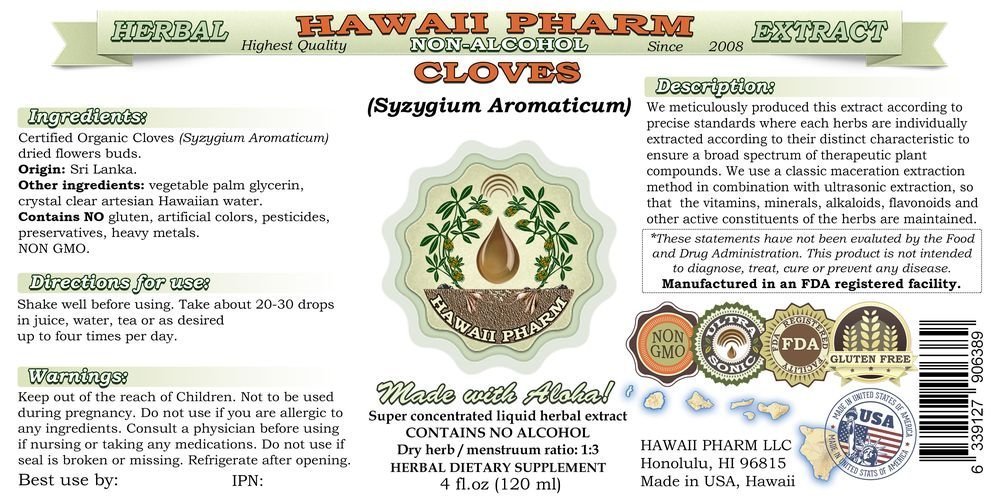 Organic Cloves Alcohol-Free Liquid Extract (Syzygium Aromaticum) | Natural Herbal Supplement | Glycerite Dried Flower Buds | 32 oz Unfiltered | Hawaii Pharm | For Cooking, Baking & Herbal Remedies