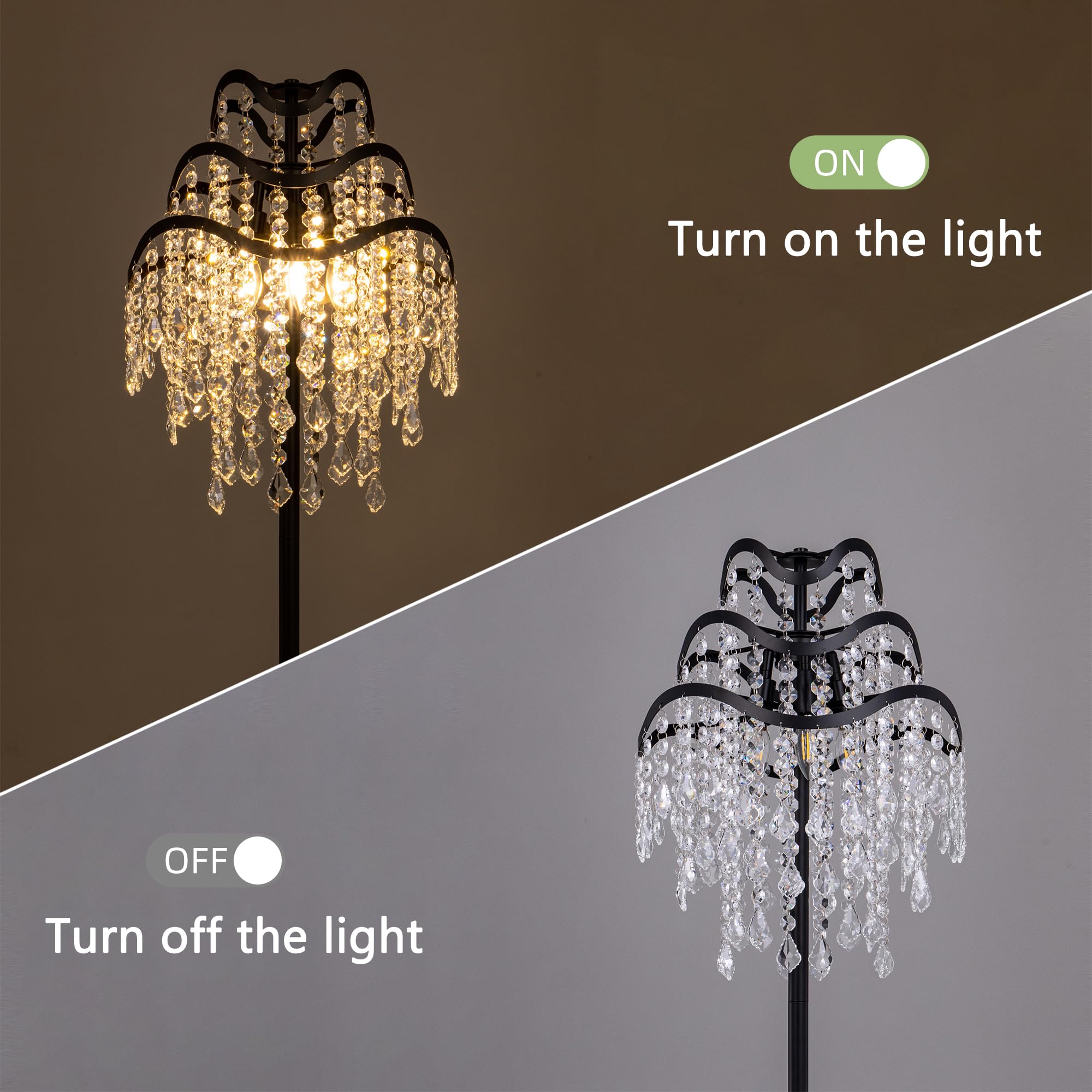 Boho Crystal Floor Lamp - Farmhouse Black Crystal Chandelier Floor Light for Living Room, Dining Room, Bedroom, Office | Modern Home Decor & Reading Nook Lighting
