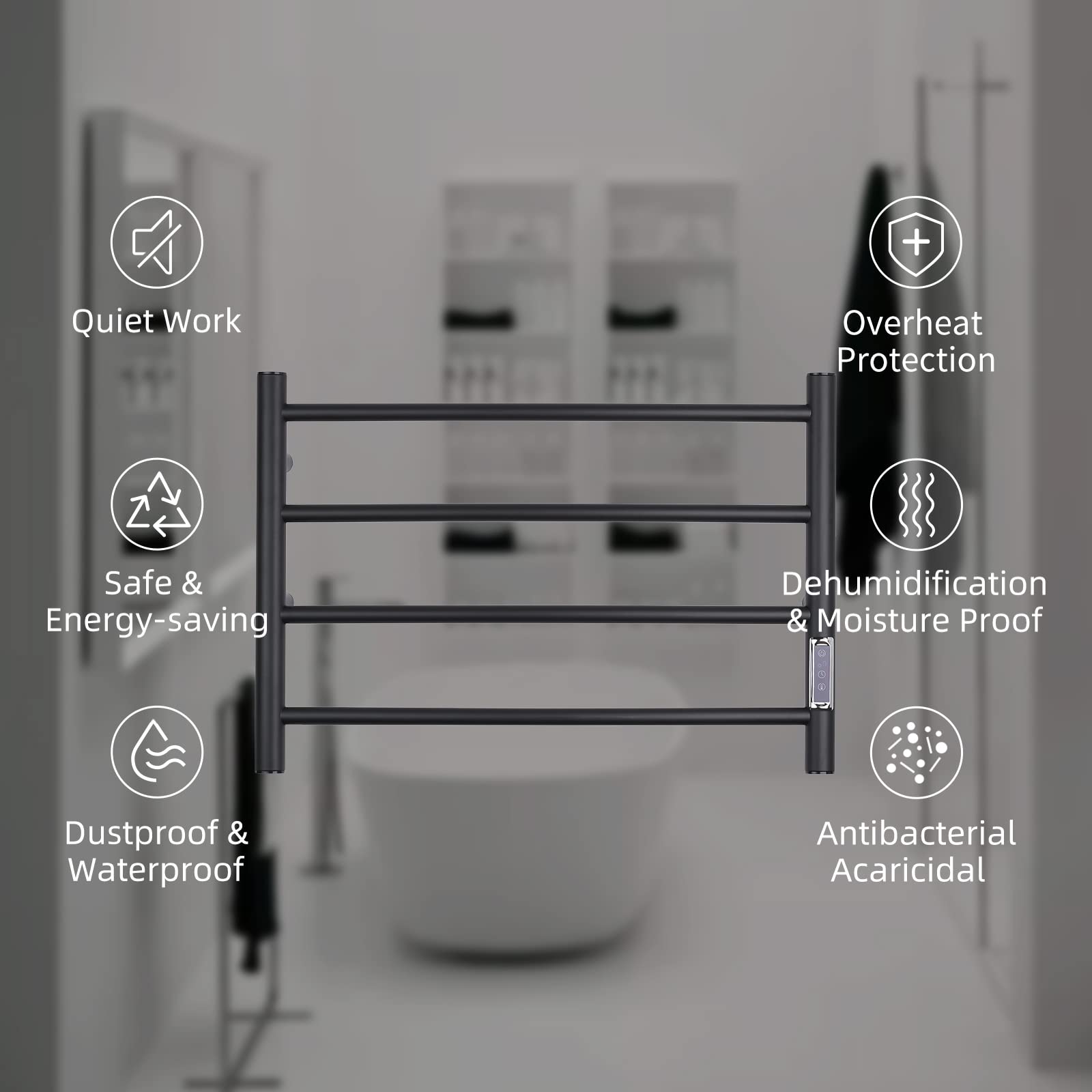ETW29 Electric Towel Warmer with Built-in Timer - Wall Mounted Bathroom Heated Towel Rack, Plug-in Black - Perfect for Spa, Luxury Bathrooms & Cold Weather Comfort