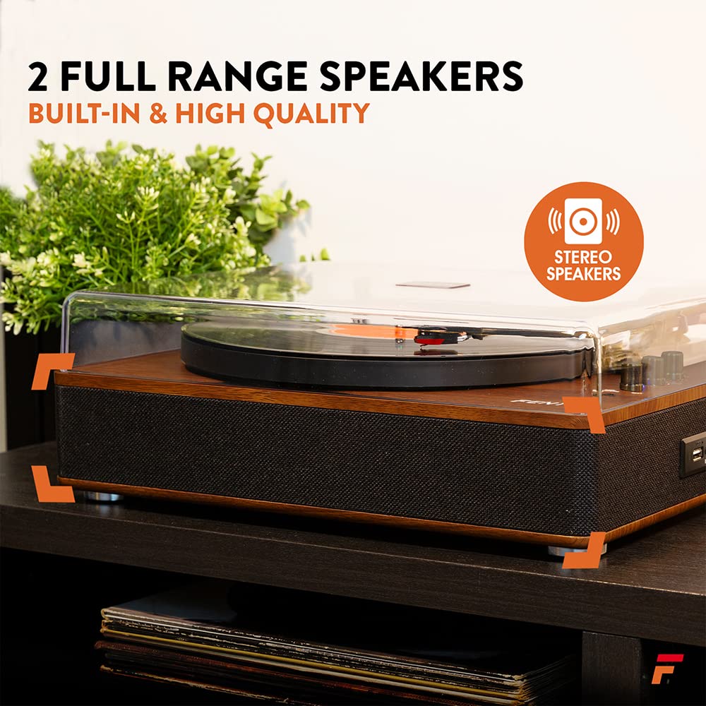 VONYX Fenton RP162D Walnut Bluetooth Record Player with SHF404B Active Bookshelf Speakers - Wireless Turntable System, Vinyl to MP3 Converter, 3-Speed Belt-Drive for Home Entertainment & Music Lovers