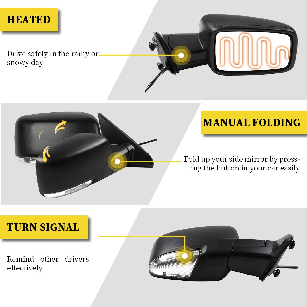 Black Right Side Mirror Replacement for 2011-2013 Ram 1500 - Textured Glass, Manual Folding, Heated with Turn Signal | Perfect for Off-Roading, Daily Commuting & Truck Upgrades
