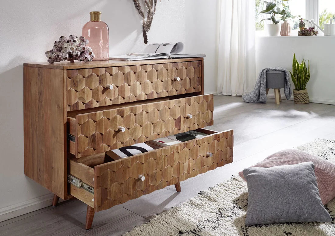 Gfine 3-Drawer Solid Acacia Wood Chest - 94x43x76cm (37x17x30in) - Rustic Bedroom Storage, Living Room Organizer & Entryway Furniture