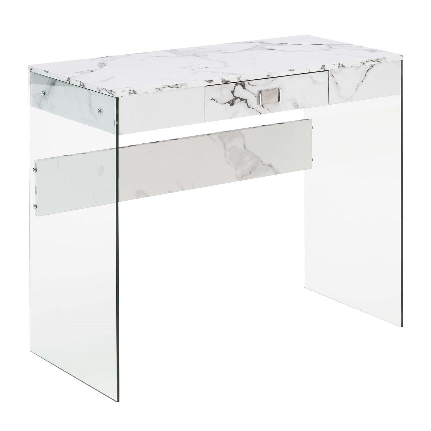 Convenience Concepts SoHo 36-inch White Faux Marble Glass Desk with 1 Drawer - Modern Home Office Furniture for Small Spaces & Workstations