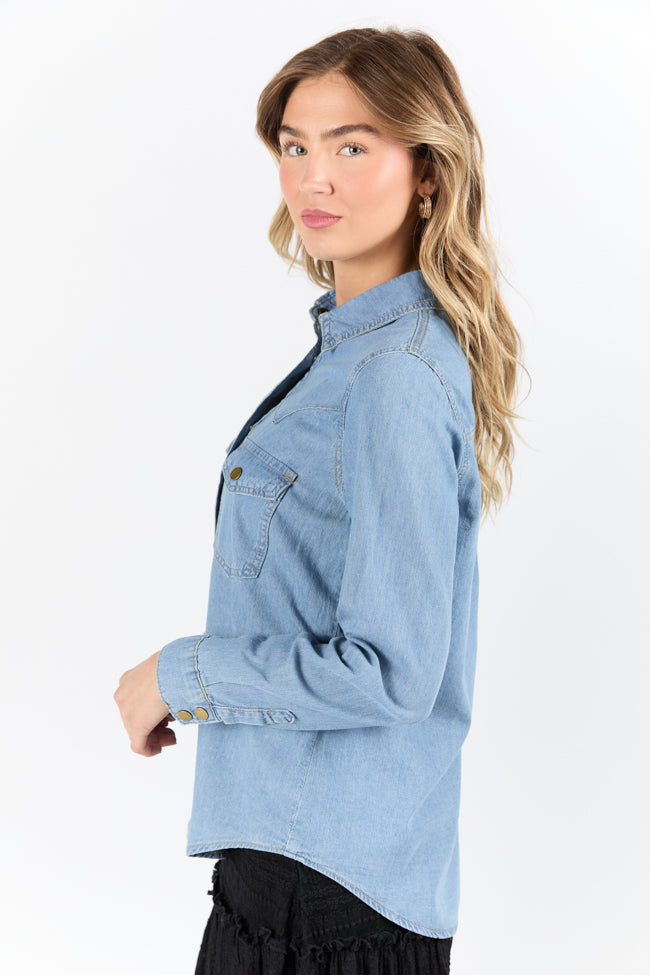 Stylish Gussied Up Yoke Detail Chambray Button Down Shirt for Women - Perfect for Office Wear, Casual Outings & Date Nights