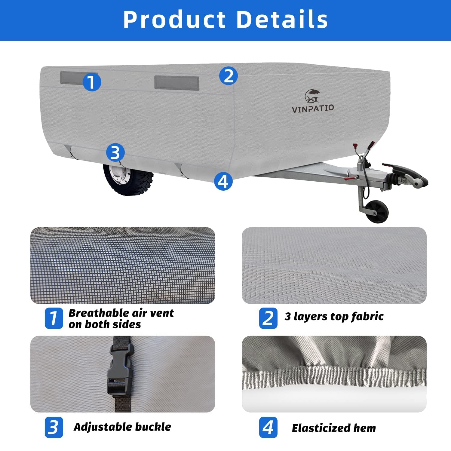 3 Layer Waterproof Pop Up Camper Cover - Heavy Duty Folding Trailer Cover Fits 8'-10' RV Campers (Grey) | All Weather Protection for Outdoor Camping & Storage