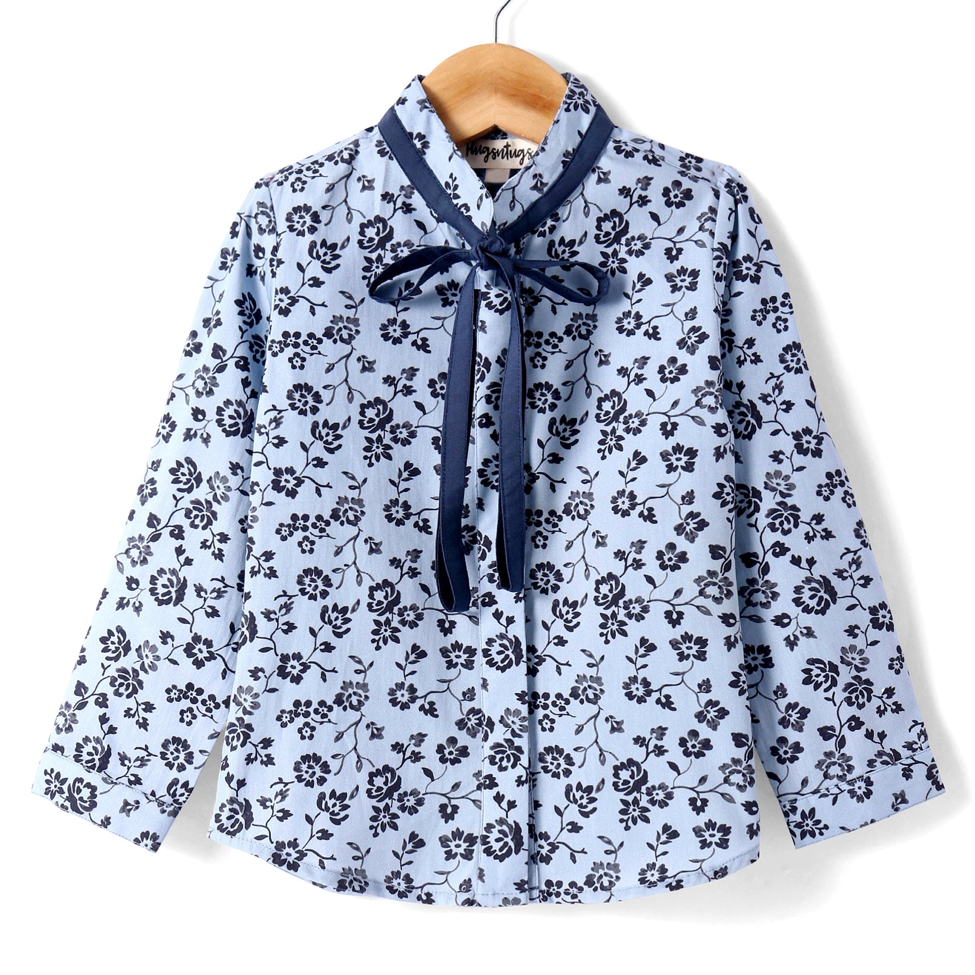 Pre Order: Navy Blue Floral Print Full Sleeve Button Down Shirt with Solid Tie Neck - Perfect for Office Wear, Casual Outfits & Special Occasions