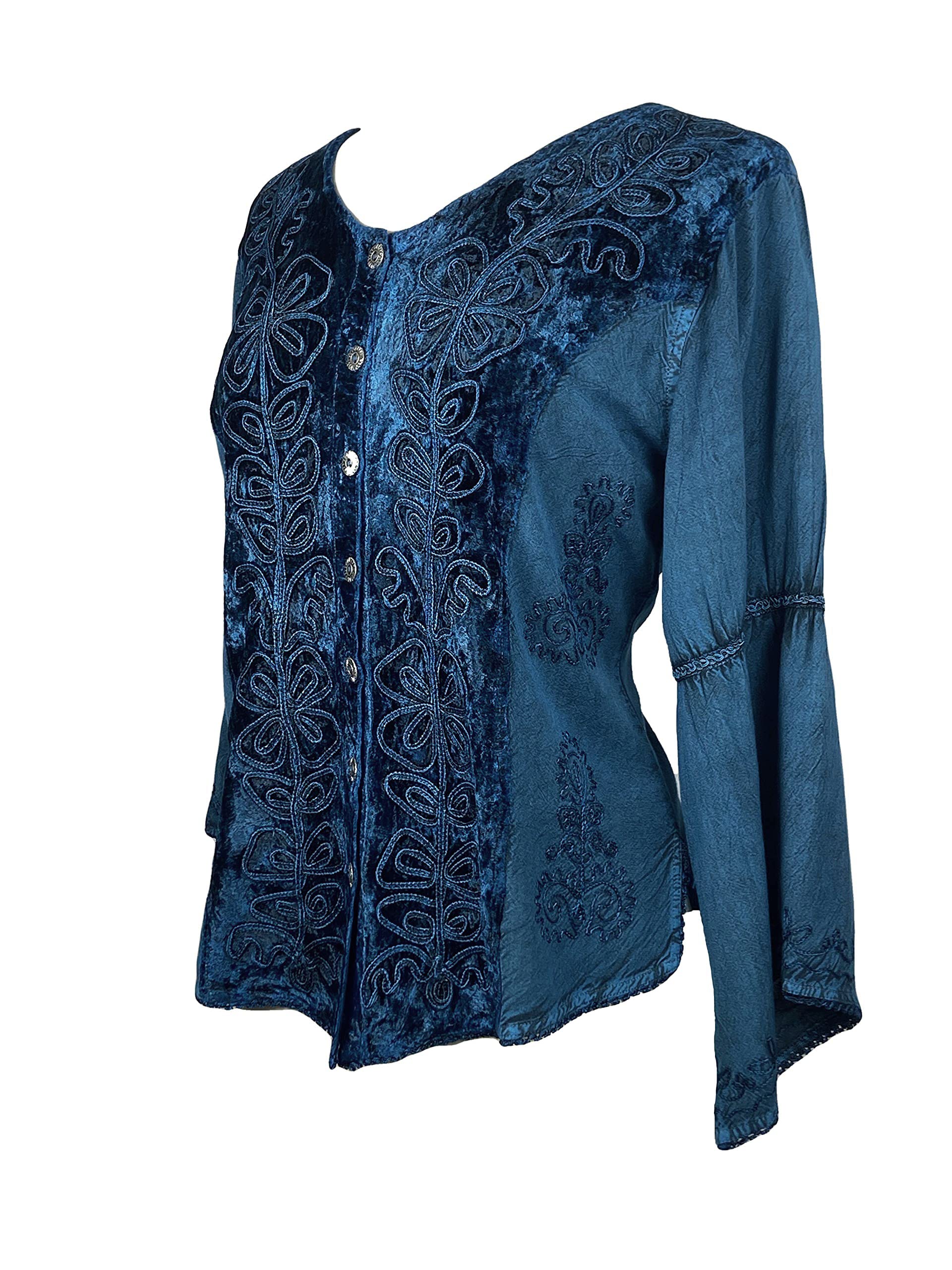 Agan Traders Women's Vintage Renaissance Embroidered Velvet Blouse - Long Sleeve Button Down Top for Fall Winter 2025 | Perfect for Renaissance Fairs, Holiday Parties & Vintage Fashion Lovers