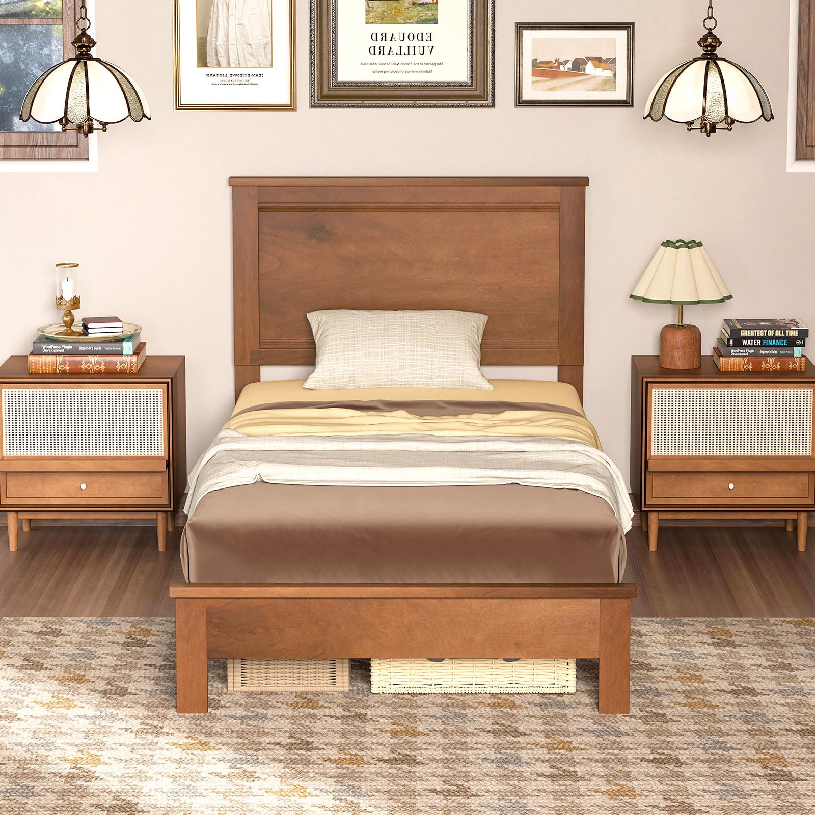 Giantex Solid Wood Twin Bed Frame with Headboard - Mid Century Modern Platform Bed with Wooden Slats & Sturdy Legs - Twin Size Bed for Kids & Adults - Walnut Finish - Perfect for Bedrooms, Guest Rooms & Dormitories