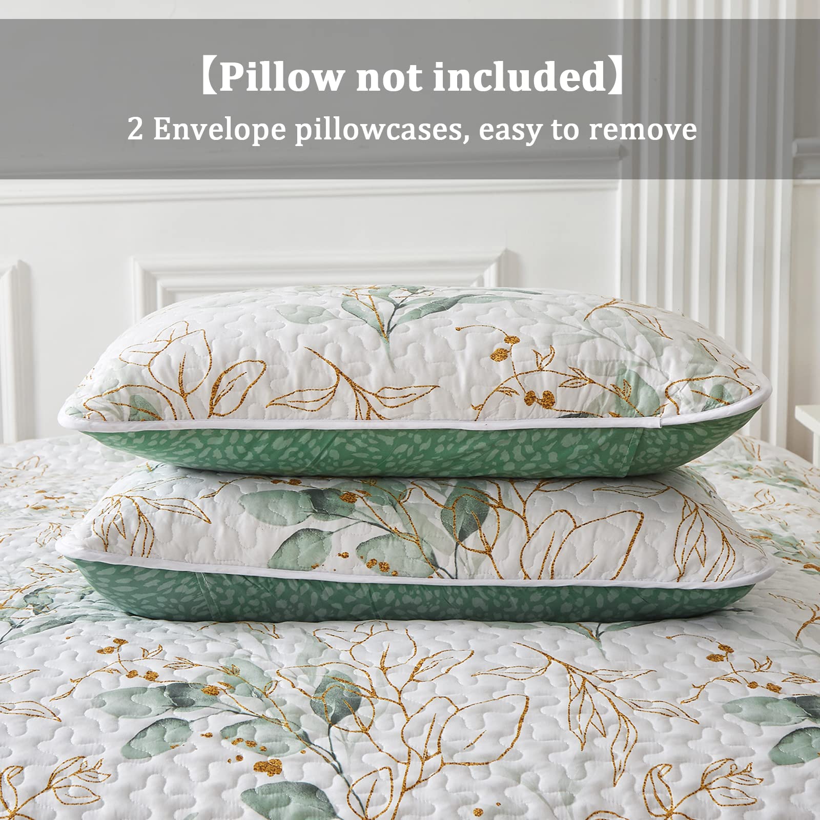 Green Botanical Queen Size Quilt Set - 3 Piece Reversible Soft All-Season Bedspread (96