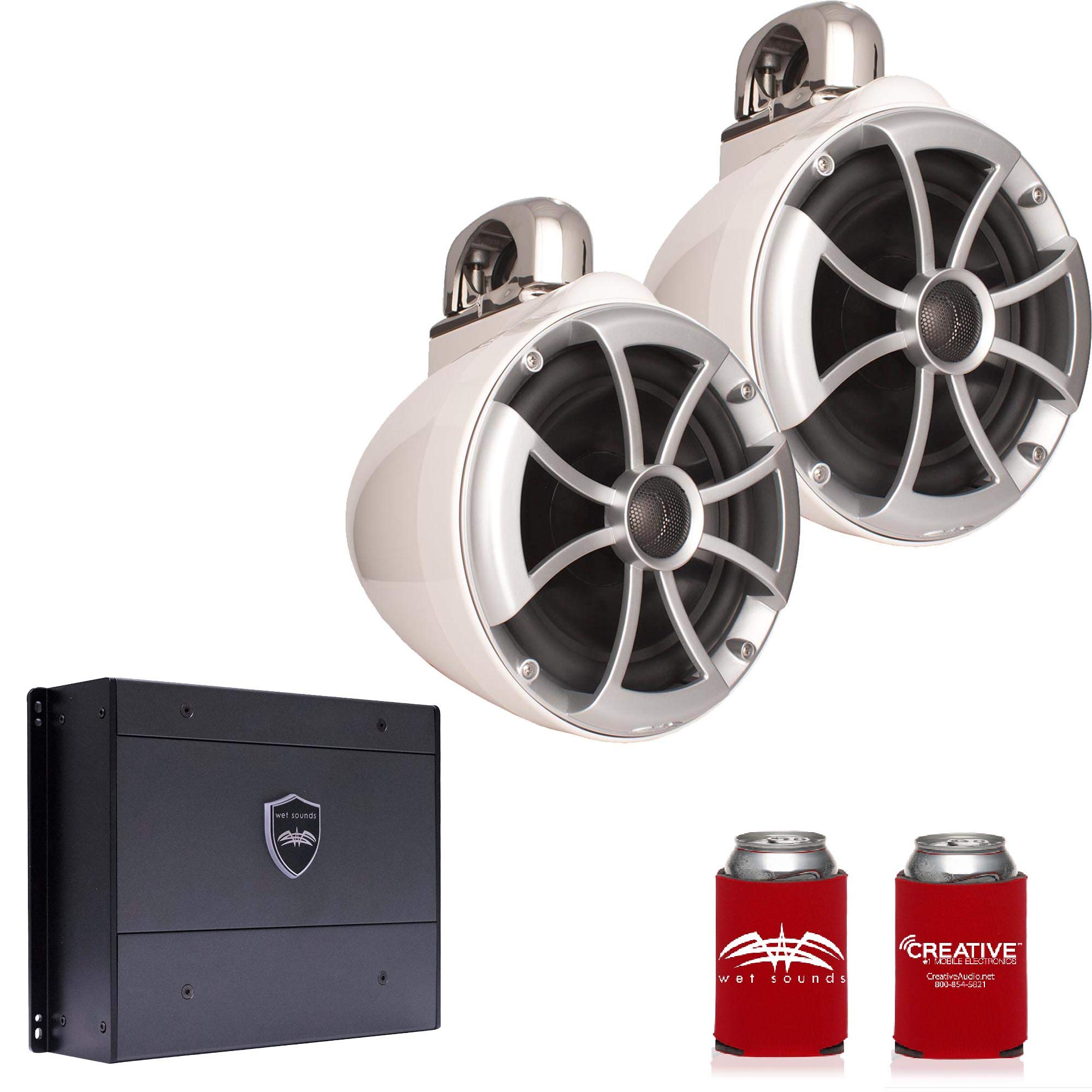 Wet Sounds ICON8W-FC 8 Inch White Marine Tower Speakers with Stainless Steel Fixed Clamps & SYN-DX2 750 Watt Amplifier - Perfect for Boats, Yachts, and Outdoor Water Sports