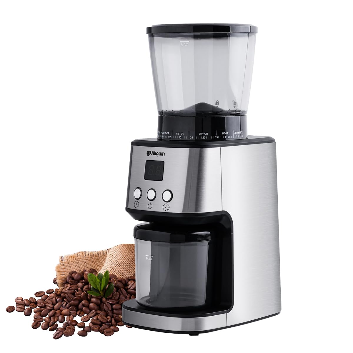 Premium Stainless Steel Electric Coffee Grinder - 51 Precise Grind Settings & Timer for Espresso, Drip, Pour Over, Cold Brew & French Press - 120V 165W - Perfect for Home Baristas & Coffee Enthusiasts