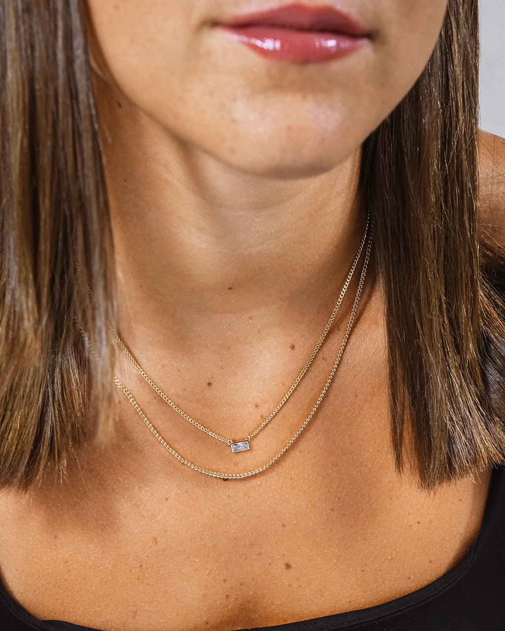 CZ Baguette Layered Curb Chain Necklace for Women - Elegant Gold Plated Cubic Zirconia Choker - Perfect for Parties, Weddings & Date Nights