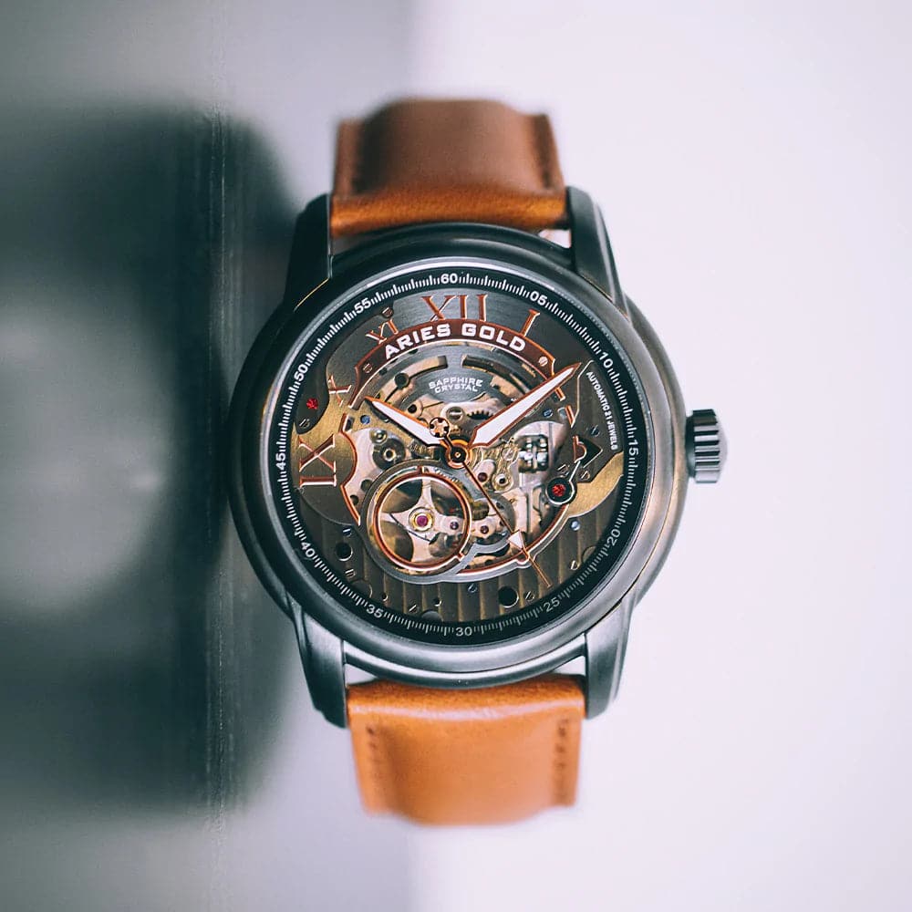 Aries Gold El Toro Black Skeleton Dial Men's Watch with Brown Leather Strap - G 9005 BK BK | Luxury Skeleton Watch for Men, Perfect for Business, Formal Events & Gift Giving