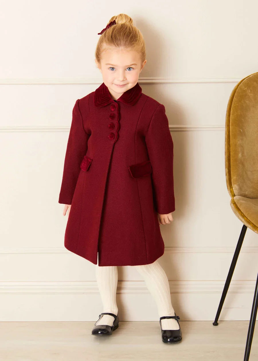 Burgundy Single Breasted Scallop Detail Coat for Kids (12 Months to 10 Years) - Perfect for School, Parties, and Special Occasions