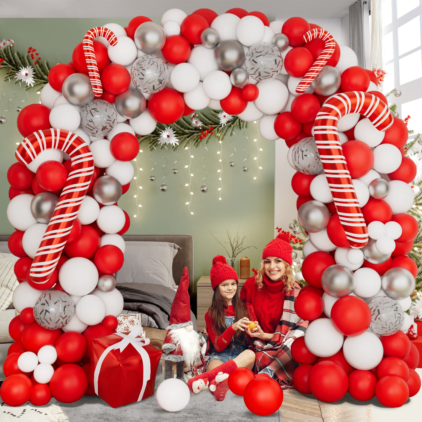 Bonropin Christmas Balloon Garland Arch Kit - Red White Silver Candy Cane Balloons & Gift Box for Xmas Party Decorations | Holiday Home Decor, Christmas Tree Decoration, Festive Party Backdrop