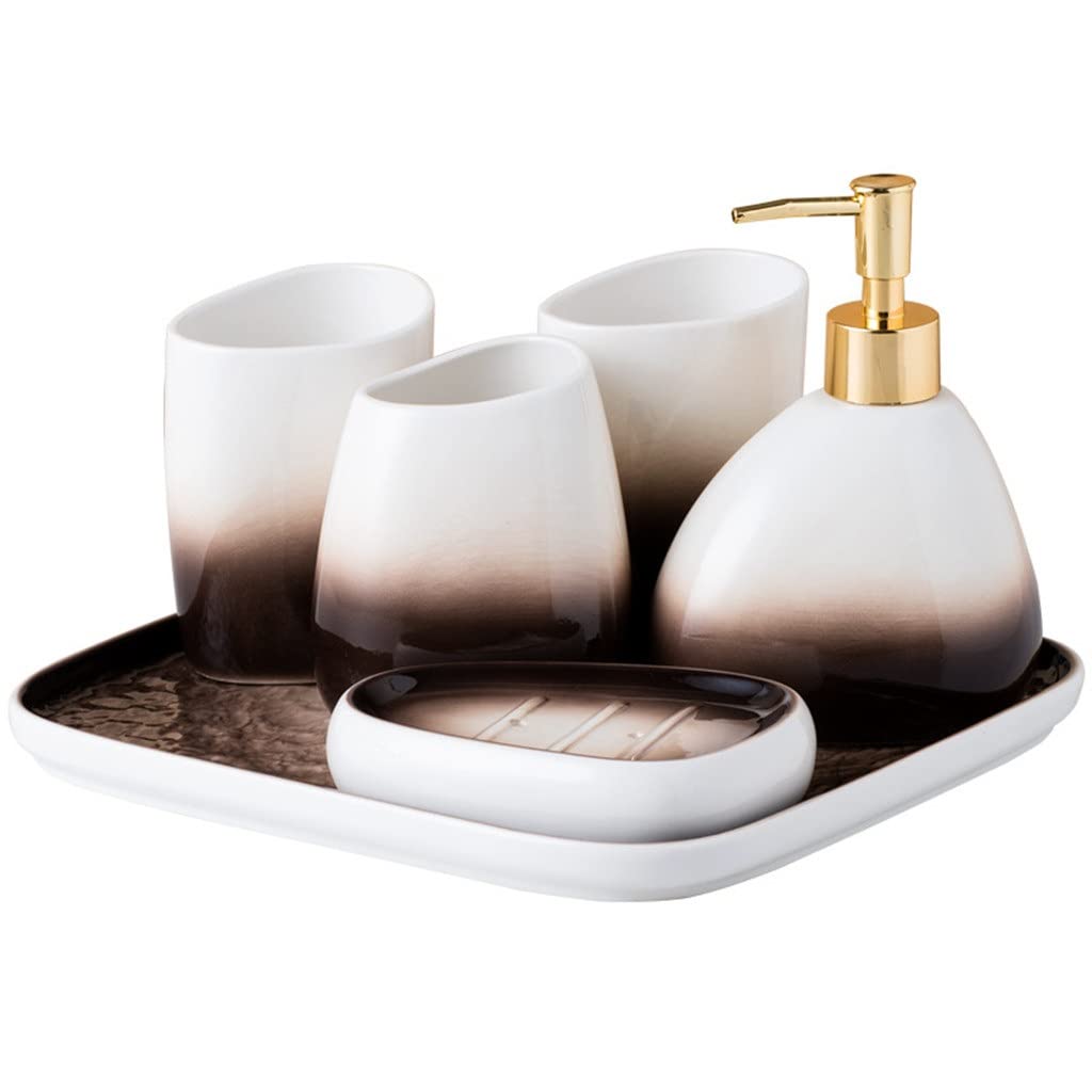 Ceramic Toothbrush Holder & Mouthwash Cup Set - Bathroom Organizer with Shampoo Dispenser for Countertop Storage | Modern Toilet Decor Accessories for Home, Apartment & Guest Bathroom Organization
