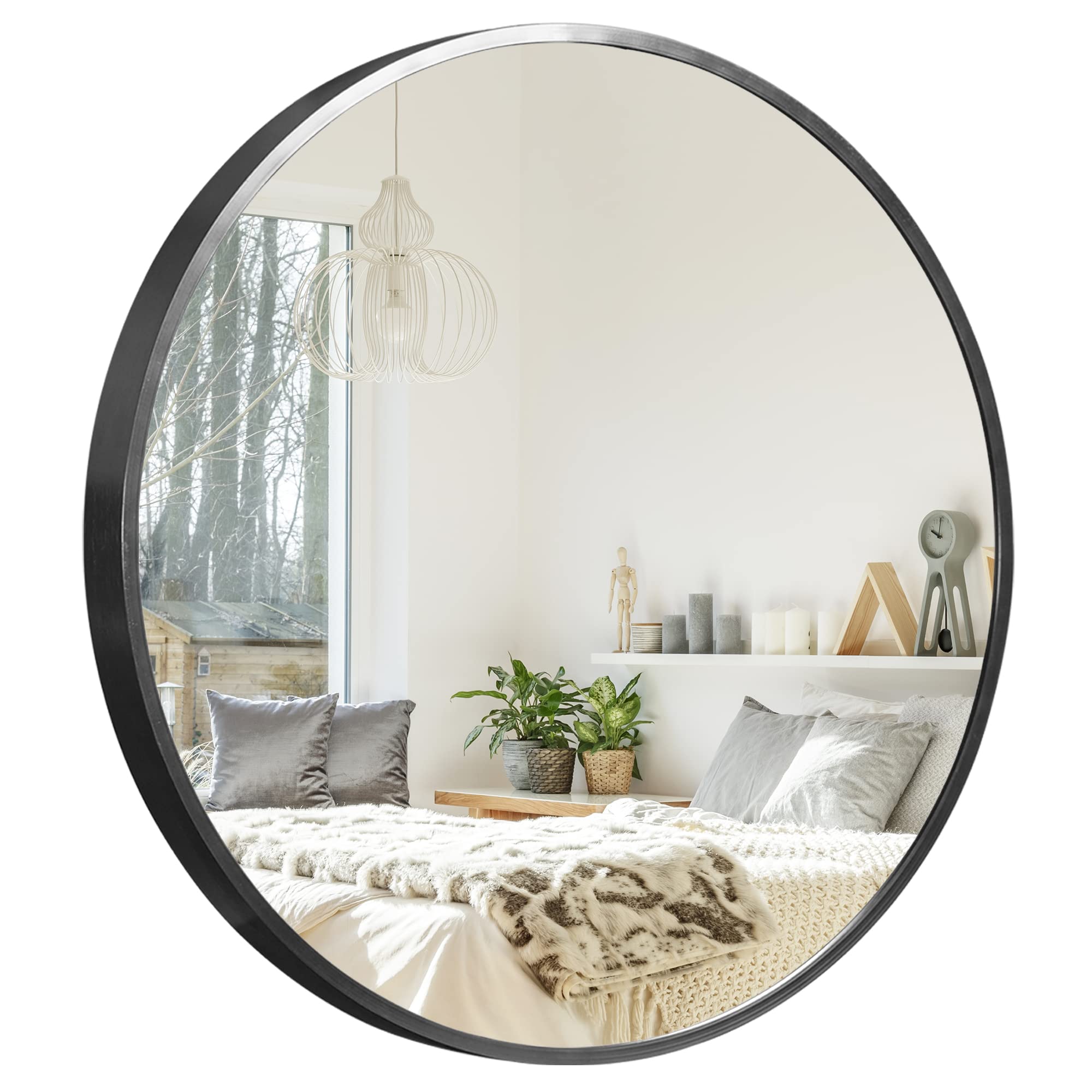 36 Inch Round Wall Mirror - Aluminum Alloy Frame Large Vanity Mirror for Bathroom, Bedroom, Living Room & Entryway | Decorative Hanging Circle Mirror for Home Decor (Black) - Perfect for Makeup, Dressing & Interior Design