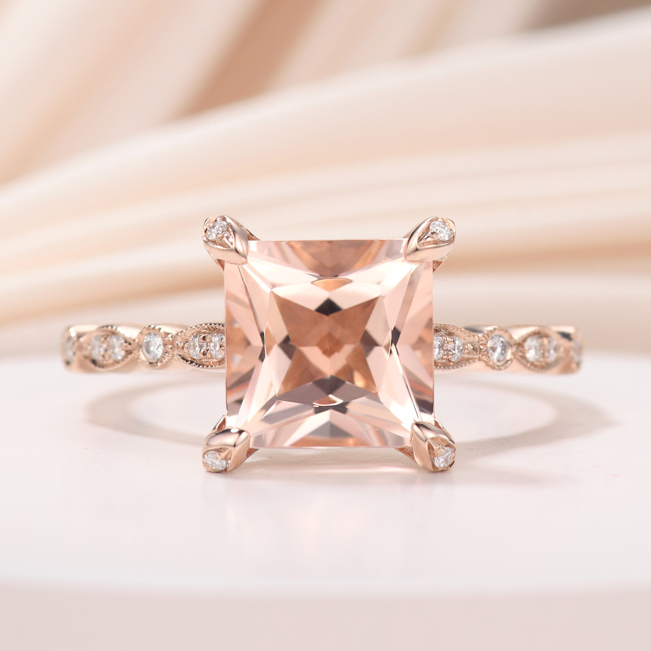 8mm Natural Morganite & Diamond Hidden Halo Rose Gold Wedding Ring for Women - Elegant Princess Style Engagement Ring, Perfect for Proposals, Anniversaries & Bridal Jewelry