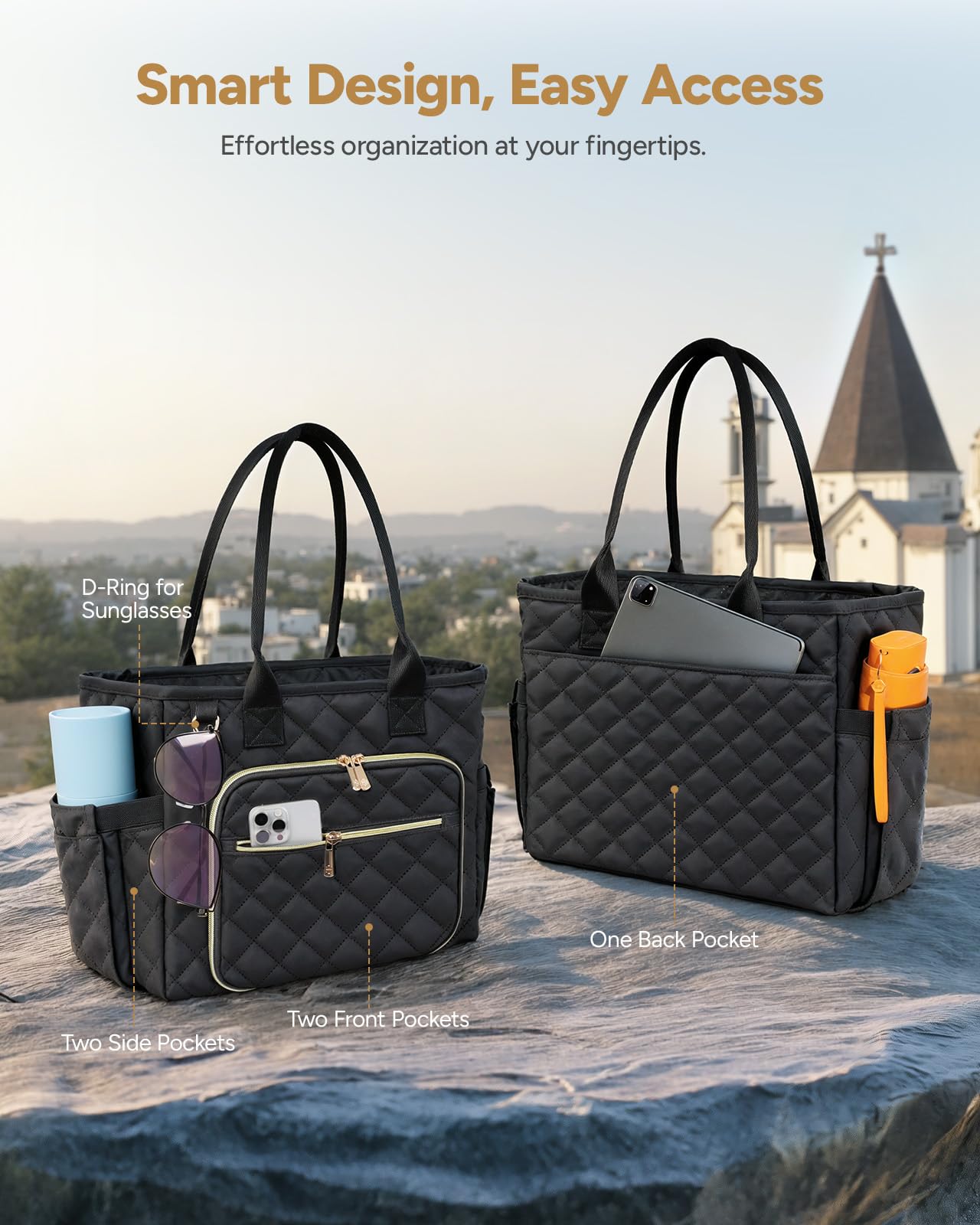 Premium Large Bible Bag for Women - Durable Quilted Bible Cover with Shoulder Strap, Church Tote for Bible Study Supplies | Perfect Christian Gift for Church, Prayer Meetings & Daily Devotion (Black)