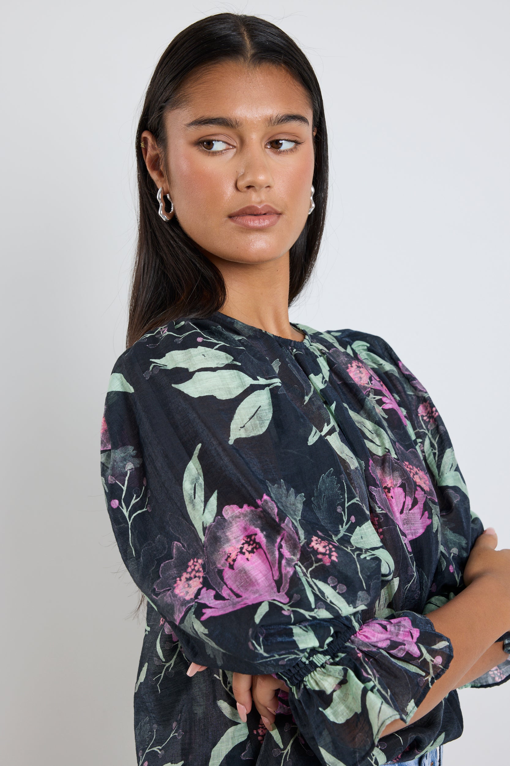 Stylish Petrol Lilac Floral Print Crew Neck Mid Sleeve Blouse for Women | Casual Summer Tops | Perfect for Office Wear, Date Nights & Weekend Outings