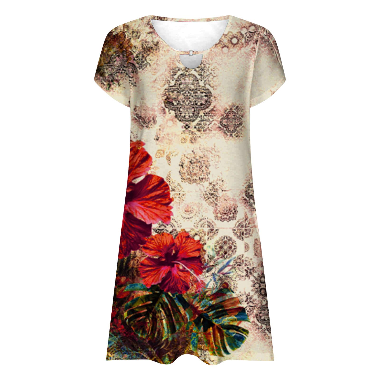 **Icepcy Women's Casual Floral A-Line Mini Dress - Short Sleeve T-Shirt Dress with Pockets, Flowy Sundress for Summer Beach & Vacation**    *(Perfect for beach outings, vacations, brunch dates, or casual summer wear!)*