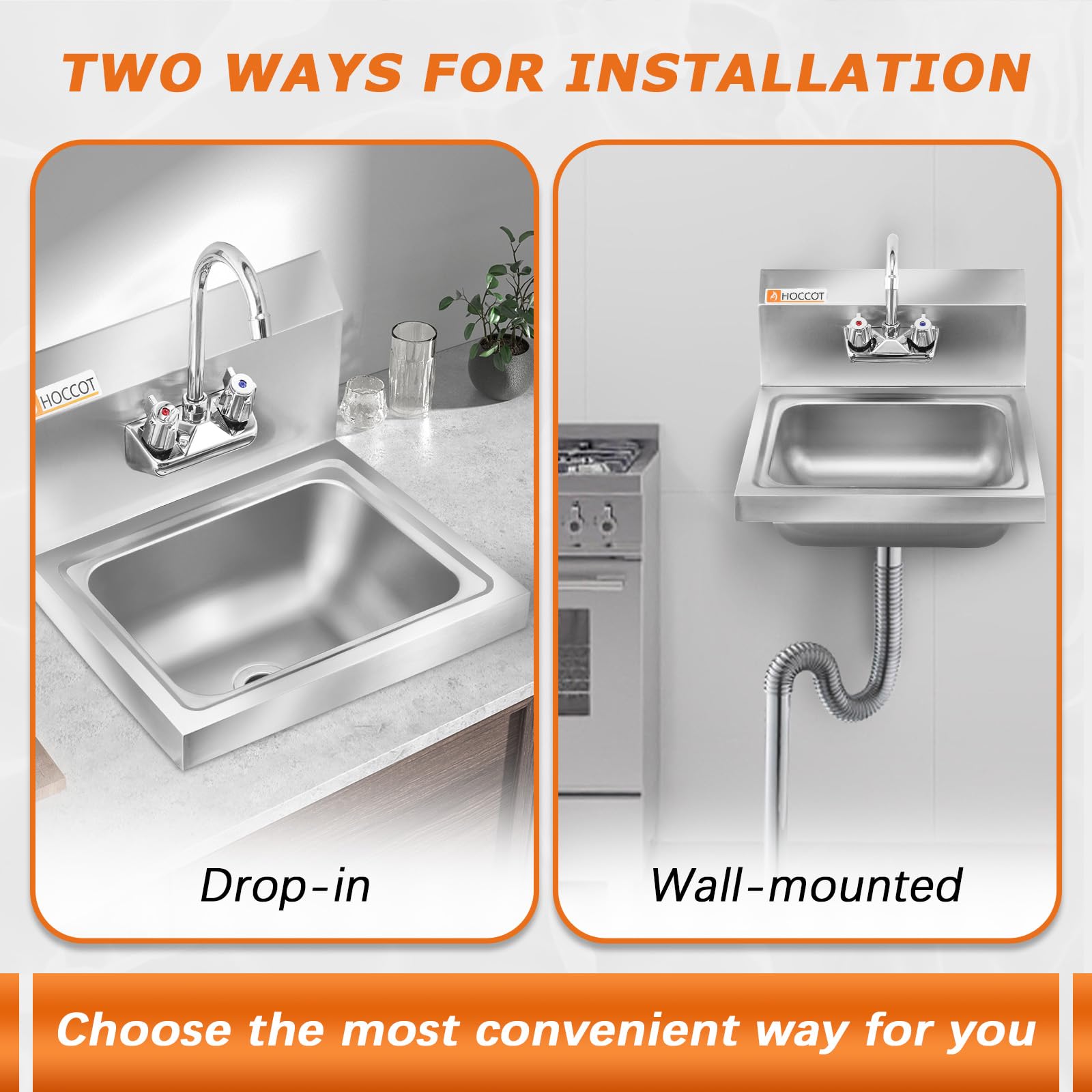 Premium 304 Stainless Steel Wall Mount Commercial Sink - Heavy Duty Restaurant Hand Washing Sink with Backsplash - 17
