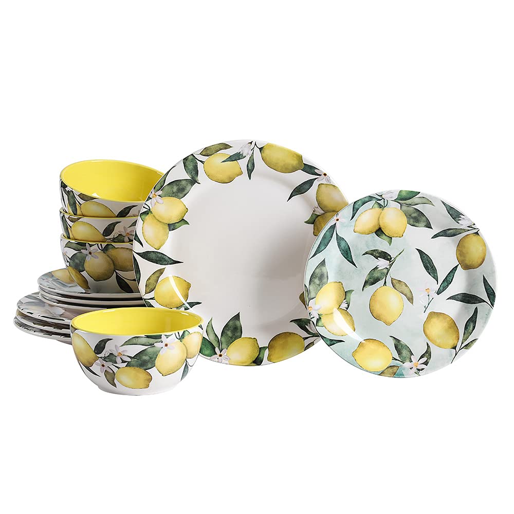 Bico Lemon Dreams Ceramic 12-Piece Dinnerware Set - Service for 4 with 11-Inch Dinner Plates, 8.75-Inch Salad Plates & 26-Oz Cereal Bowls - Microwave & Dishwasher Safe - Perfect for Parties, Family Dinners & Everyday Use