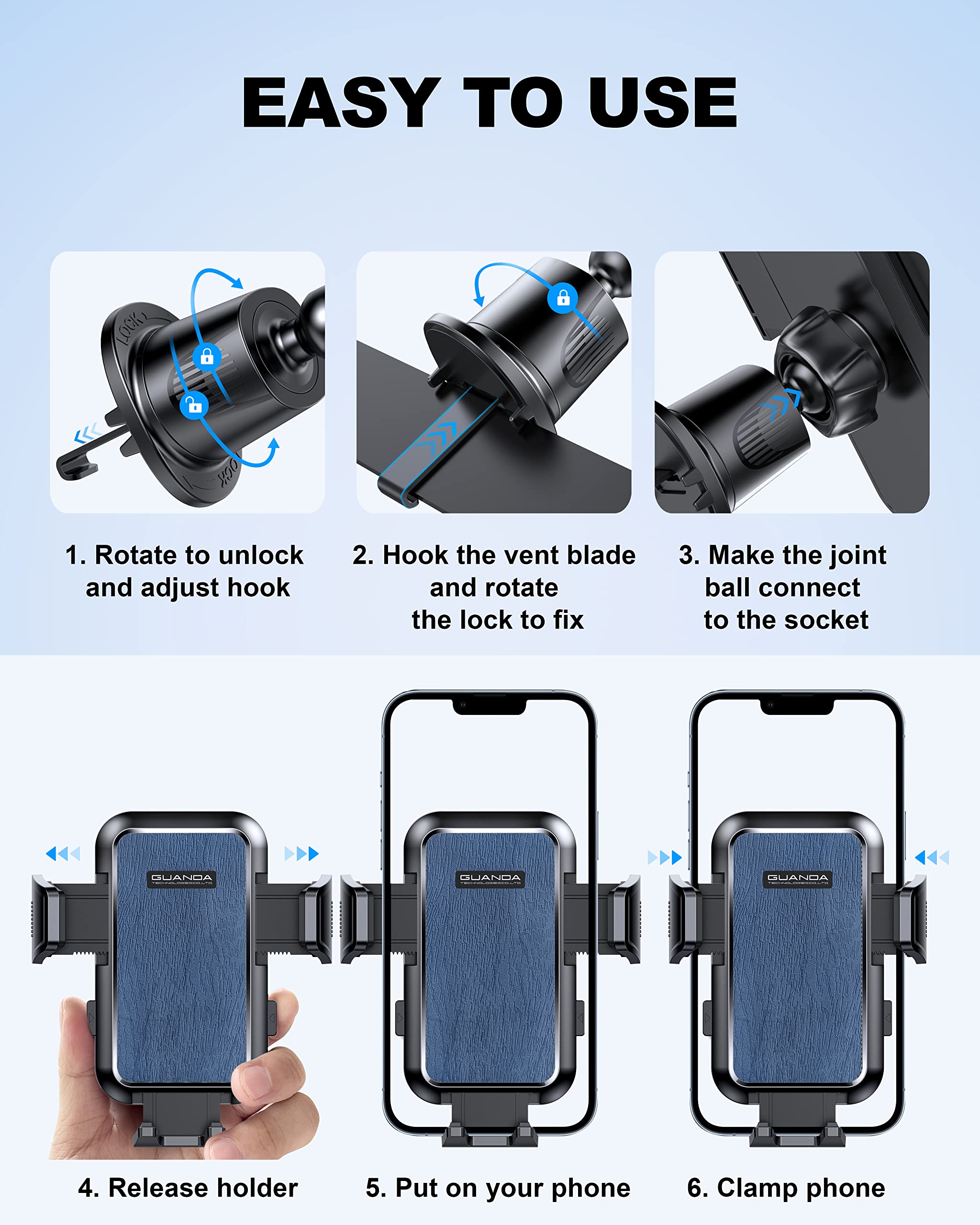 2025 Upgraded Car Vent Phone Mount - Adjustable 360° Rotation Hook Clip Holder for iPhone 15/14/13, Samsung Galaxy S23/S22 - Universal Phone Car Mount with Anti-Shake Design (Fits Thick Cases) - Perfect for Road Trips, Uber Drivers & Daily Commuting