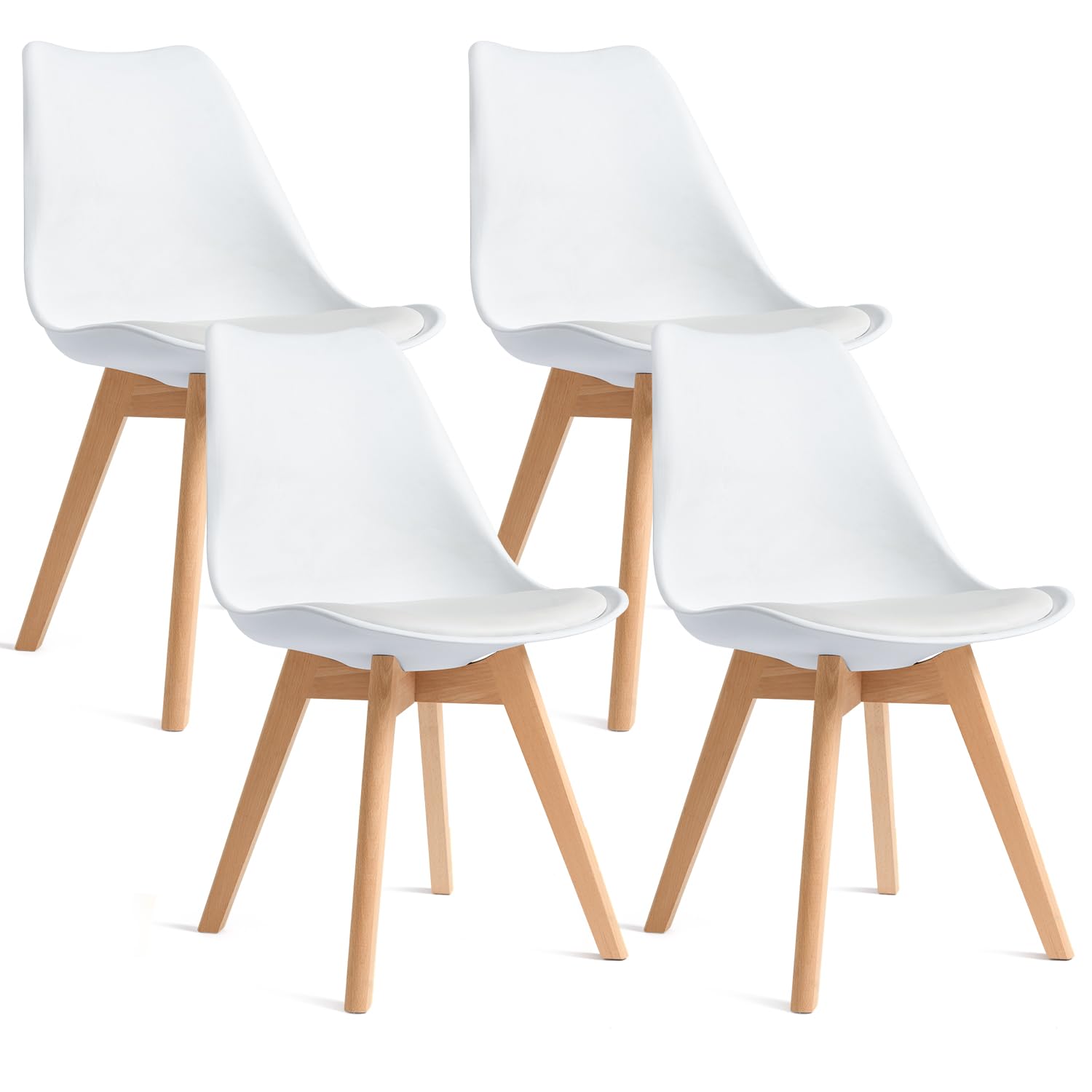 Mid Century Modern Dining Chairs Set of 4 - Soft Padded Kitchen & Dining Room Chairs with Wooden Legs - White Upholstered Chairs for Home, Office, Restaurant & Cafe Decor