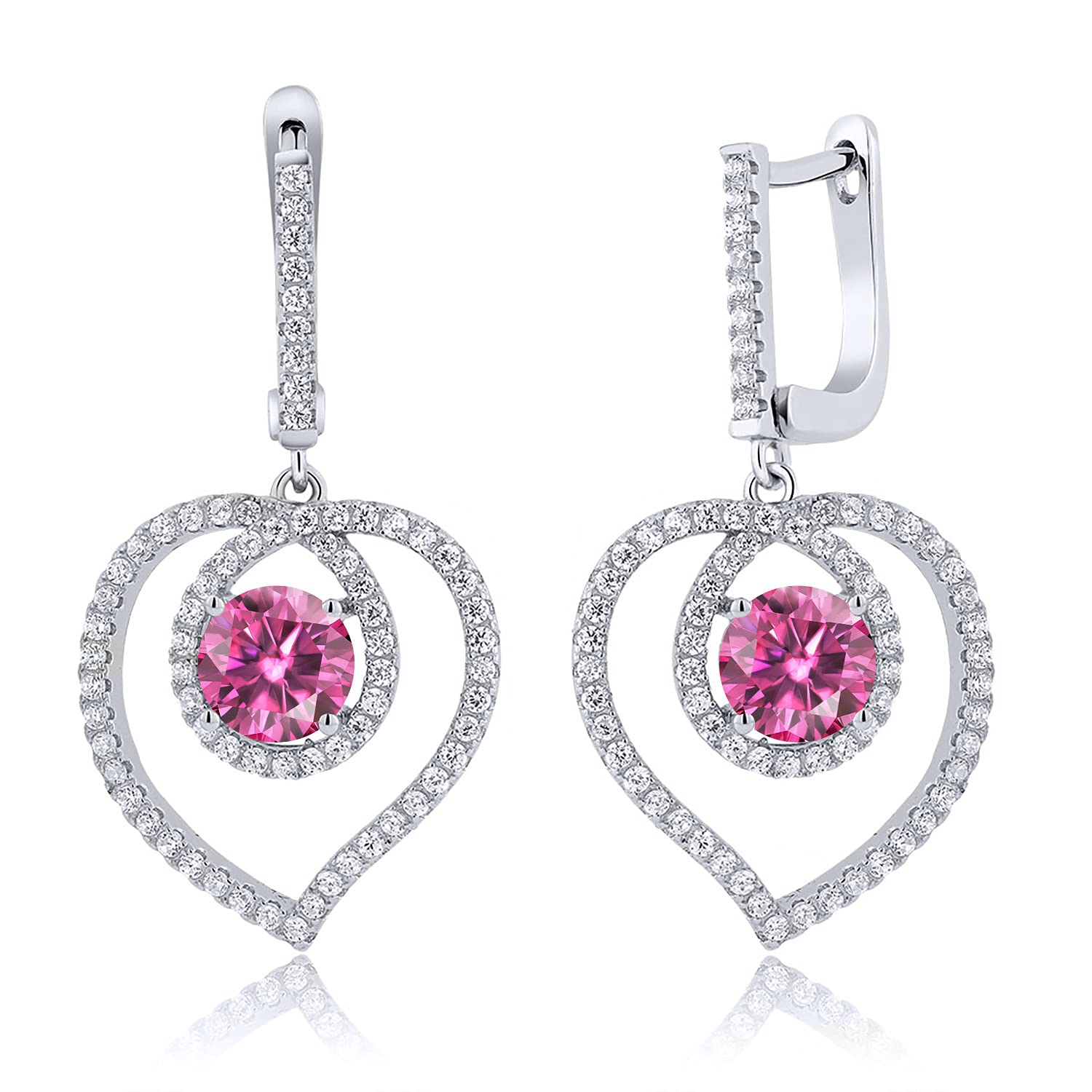 Gem Stone King 925 Sterling Silver Dangle Earrings with Round Pink Moissanite (4.00 Cttw) - Elegant Jewelry for Women, Perfect for Parties, Weddings & Special Occasions
