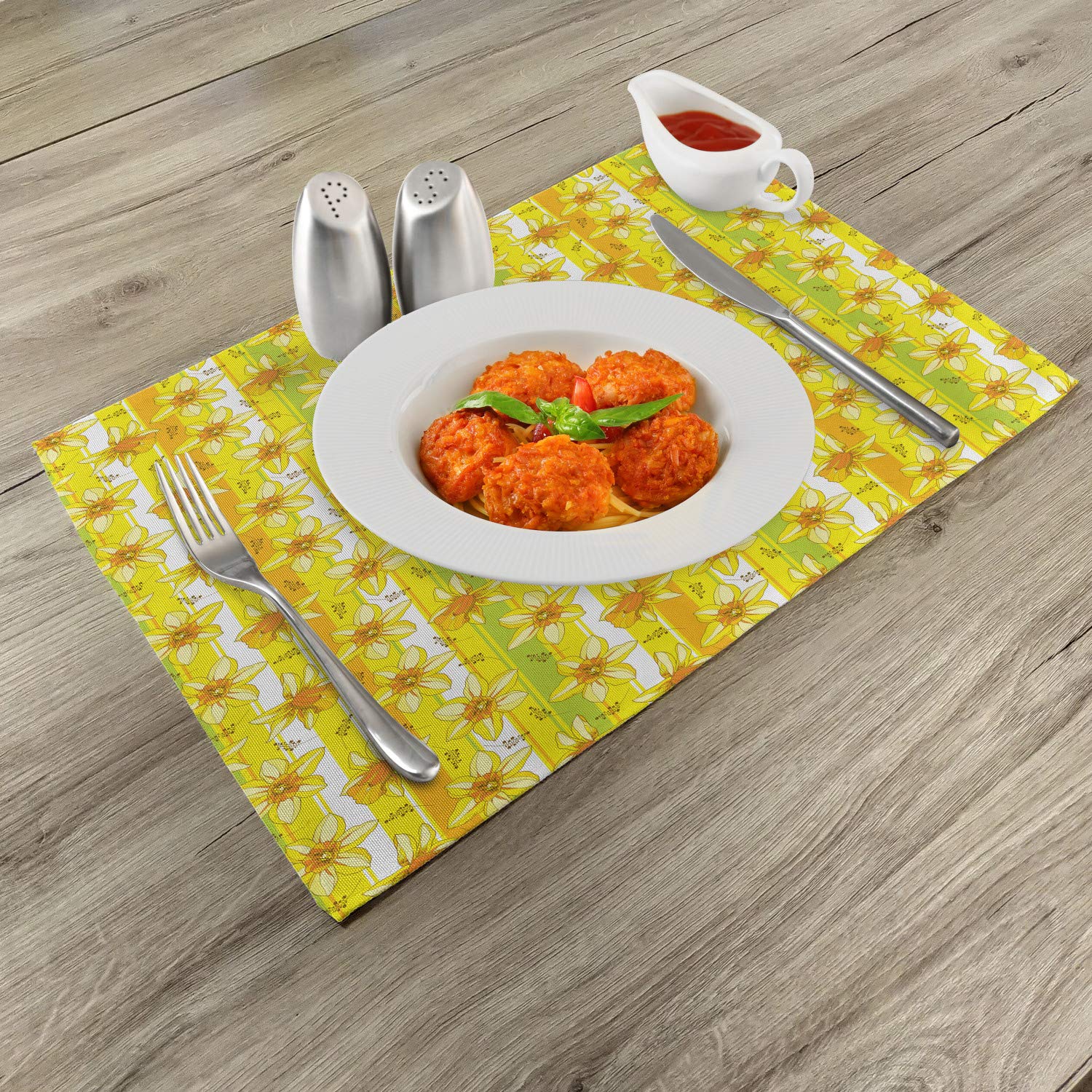 Ambesonne Floral Place Mats Set of 4 - Yellow Daffodil & Narcissus Spring Table Mats with Striped Backdrop, Washable Fabric Placemats for Dining Room & Kitchen Decor in Yellow & Apple Green - Perfect for Spring Parties, Easter Brunch & Farmhouse Table Settings