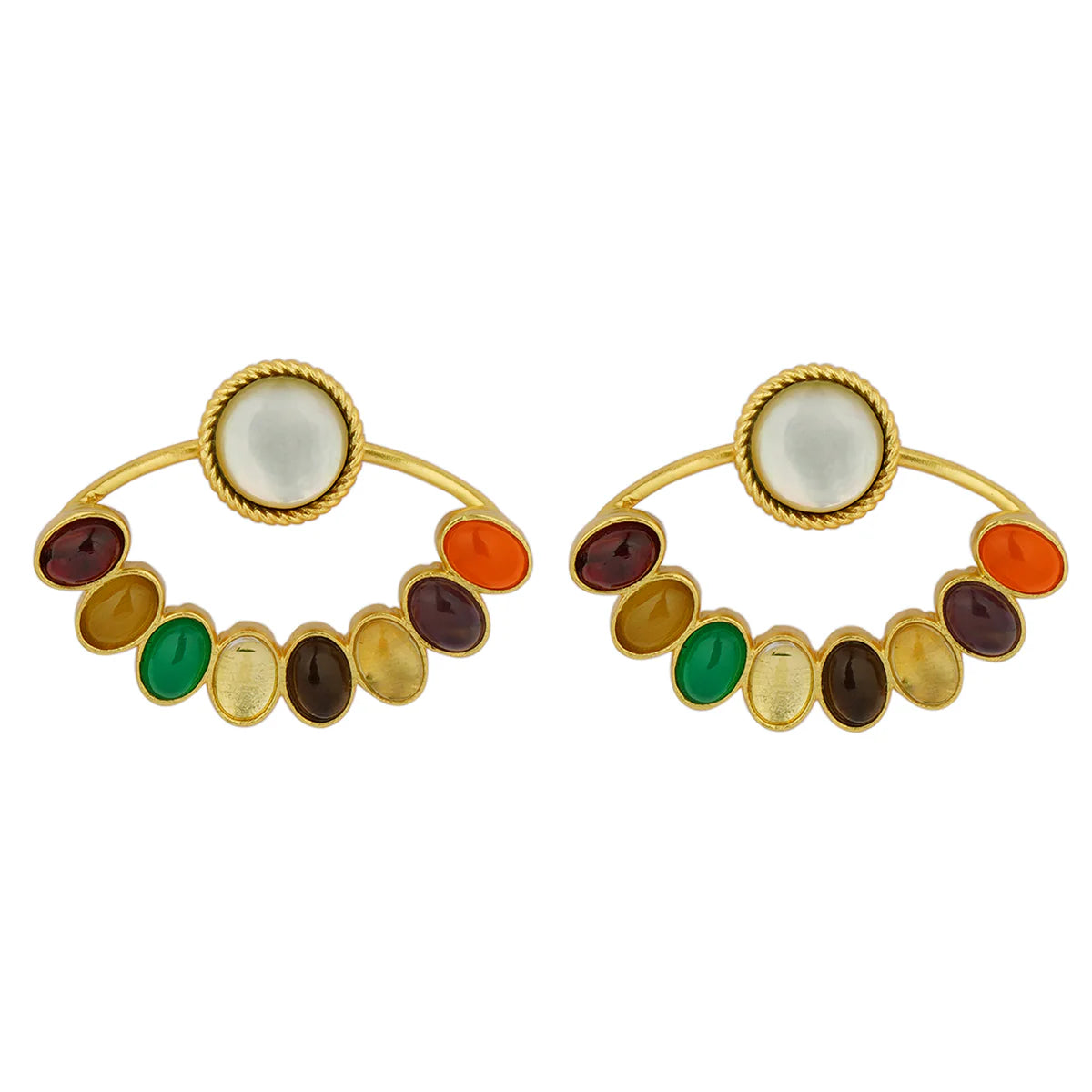 Navratan Gemstone Lariat Necklace and Stud Earrings Set for Women - Elegant Indian Jewelry for Weddings, Parties & Special Occasions