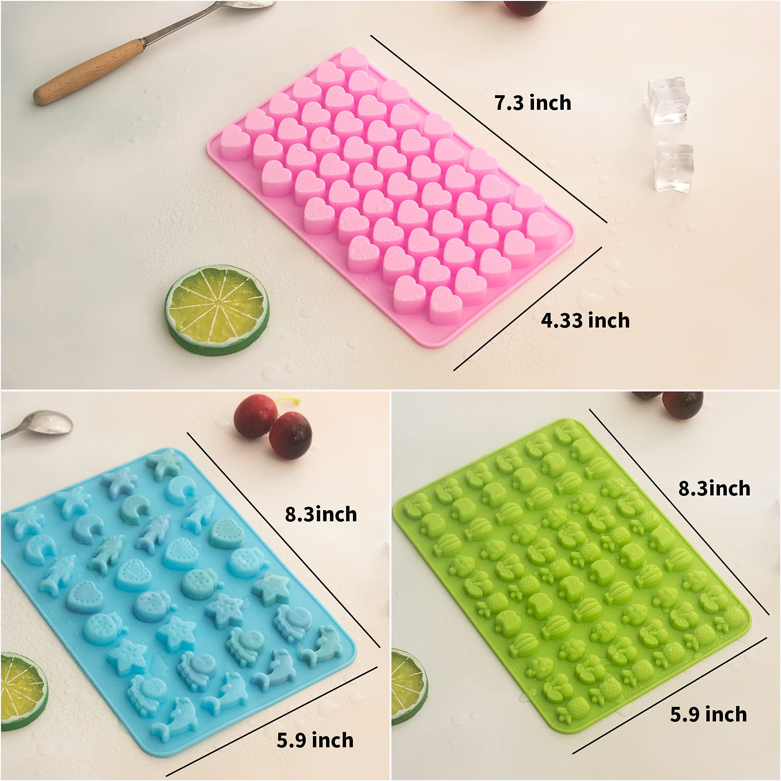 3 Pack Mini Silicone Candy Molds - Heart, Fruit & Sea Animal Shapes with 2 Droppers for Homemade Gummies, Chocolates & Ice Cubes | Perfect for DIY Treats, Party Favors & Kids Baking Activities