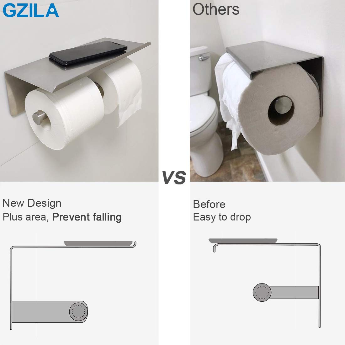 GZILA Large Double Toilet Paper Holder with Shelf - Wall Mounted SUS304 Stainless Steel Bathroom Organizer - Dual Roll Tissue Dispenser & Phone Storage Rack - Brushed Nickel Finish for Modern Bathrooms, Powder Rooms & Guest Toilets