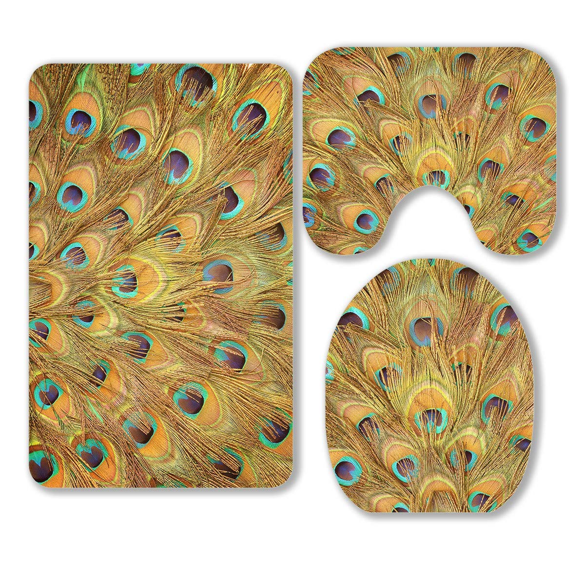 ECZJNT Peacock Green Blue Plumage 3-Piece Bathroom Rug Set - Non-Slip Contour Mat & Toilet Lid Cover - Soft Absorbent Microfiber for Bath, Shower, and Powder Room Decor