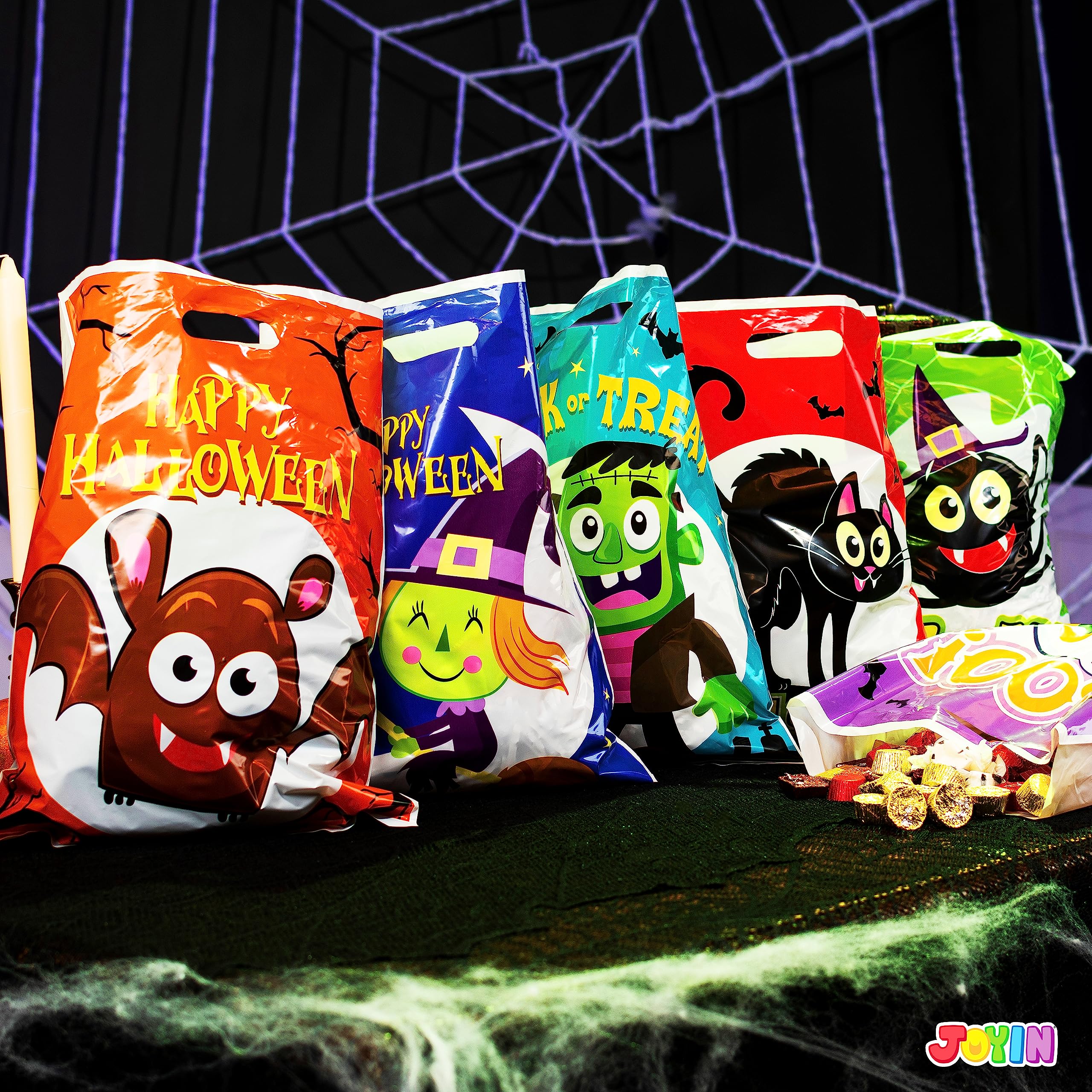 JOYIN 72-Piece Halloween Candy Bags for Trick or Treat - 6 Fun Character Designs, Plastic Goodie Bags for Halloween Party Favors & Supplies | Perfect for Classroom Treats, Neighborhood Trick-or-Treating & Halloween Party Giveaways
