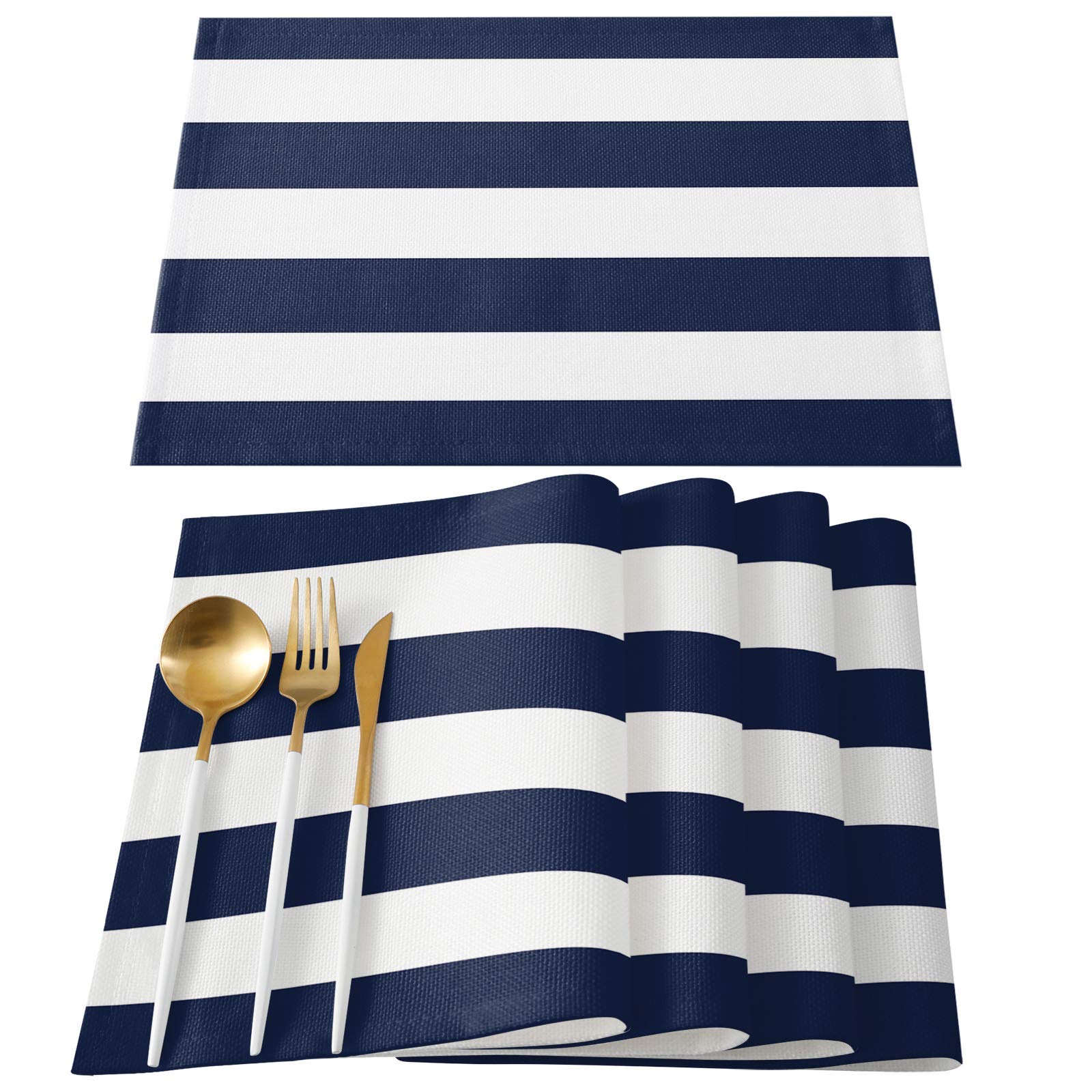 ARTSHOWING Set of 4 Heat-Resistant Linen Placemats - 12x18 Inch Nautical Stripe Table Mats for Dining, Navy Blue & White - Perfect for Kitchen, Restaurant & Home Decor