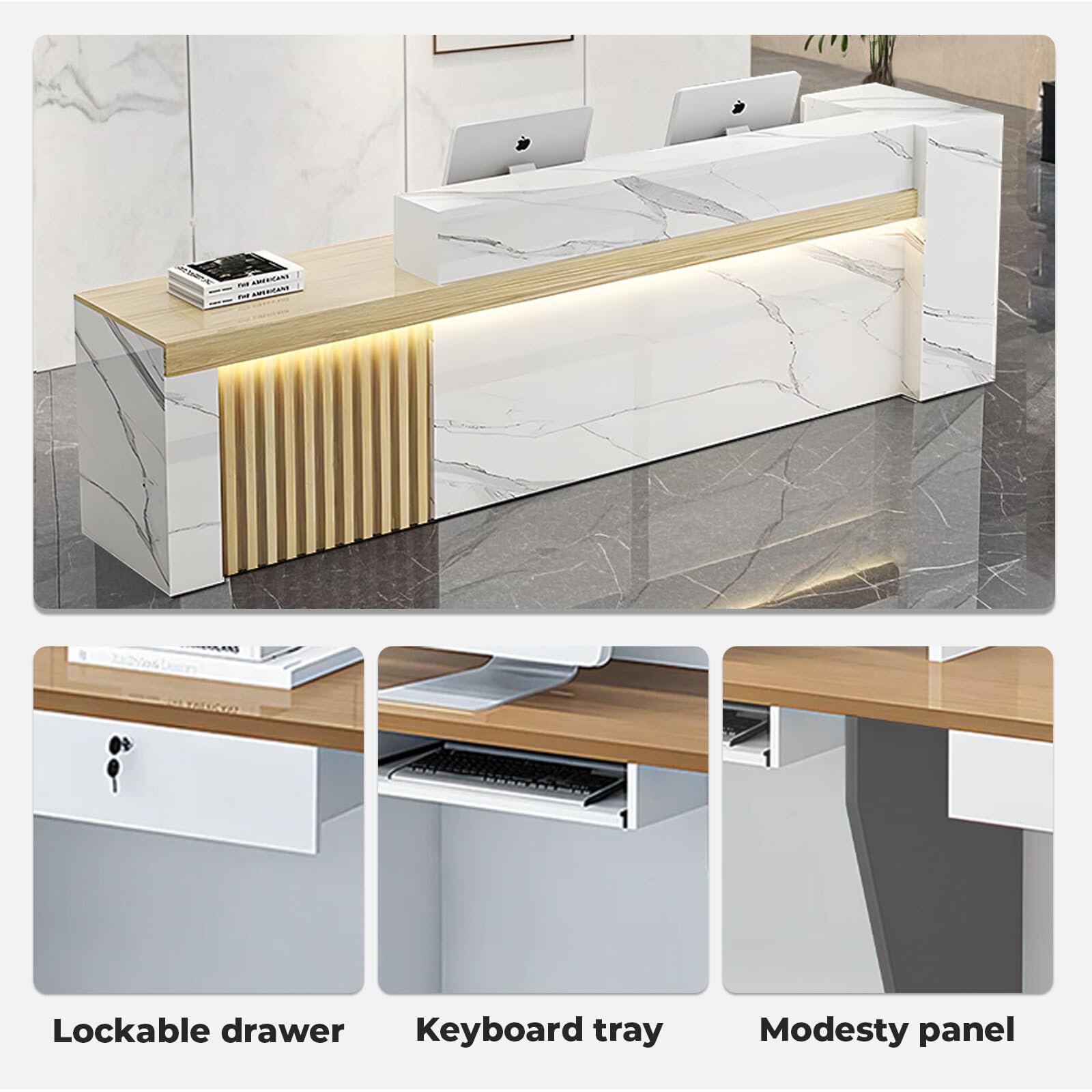 Modern Office Reception Desk with Lockable Drawer & Open Shelves - 87