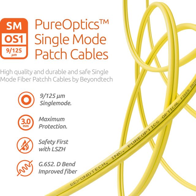 BEYONDTECH OS1 9/125 Duplex Single Mode Fiber Patch Cable FC to FC - 50m (164ft) LSZH 3.0mm - TAA Compliant for Data Centers, Telecom Networks & High-Speed Internet Connections