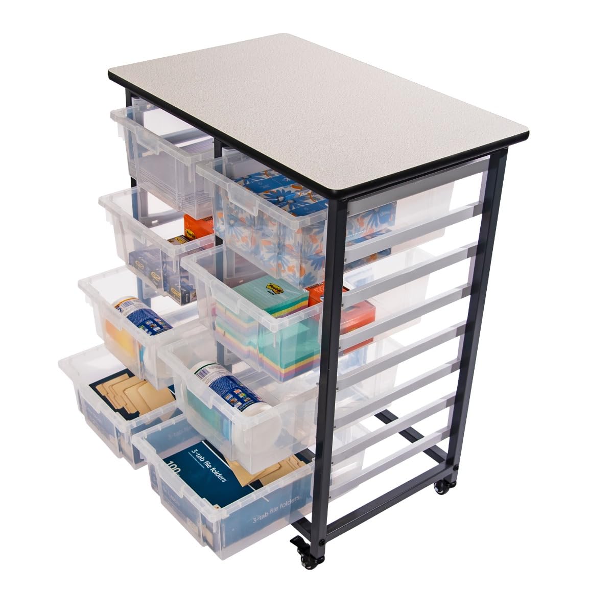 LUXOR MBS-DR-8L-CL Mobile Storage Cart with 8 Large Clear Bins - Double Row Organizer for Office, Classroom, or Warehouse Supplies - Perfect for School, Home, and Industrial Organization