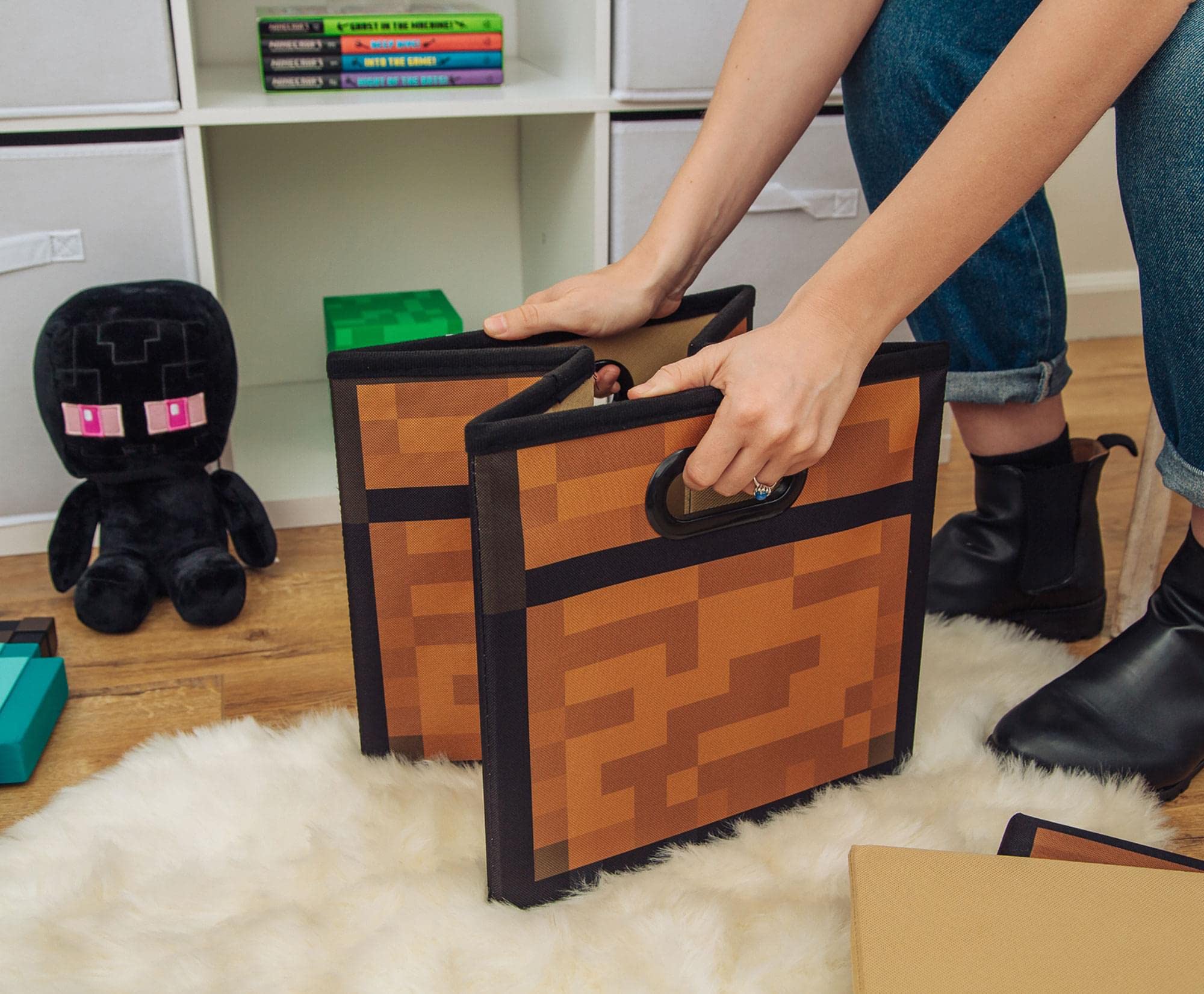 13-Inch Foldable Fabric Storage Bin with Lid - Brown Minecraft Chest Organizer for Shelves & Closets | Cube Basket with Handles | Perfect for Home Organization, Video Game Decor & Gifts | Great for Bedroom, Playroom & Office Storage Solutions