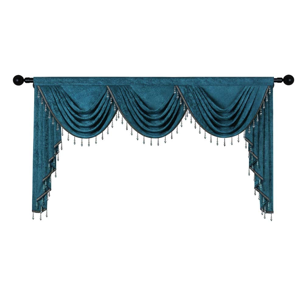 ELKCA Thick Chenille Window Curtain Valance - Peacock Blue Beaded Valance with Rod Pocket for Living Room & Bedroom (79 Inches Wide, 1 Panel) | Elegant Home Decor for Windows, Perfect for Living Spaces & Bedrooms
