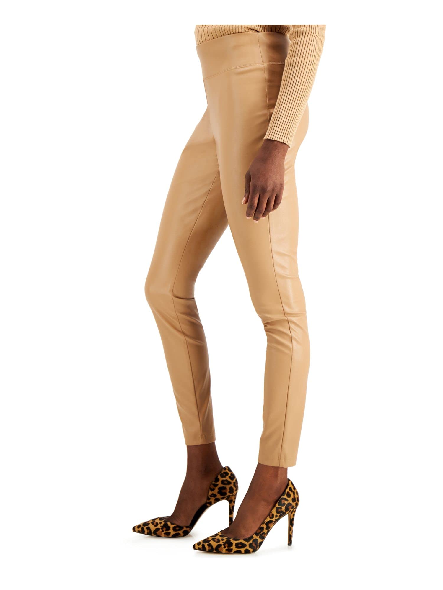 INC International Concepts Women’s Faux-Leather Leggings - Ginger Crisp (16) Beige | High Waist Stretch Pants for Work, Party & Everyday Wear