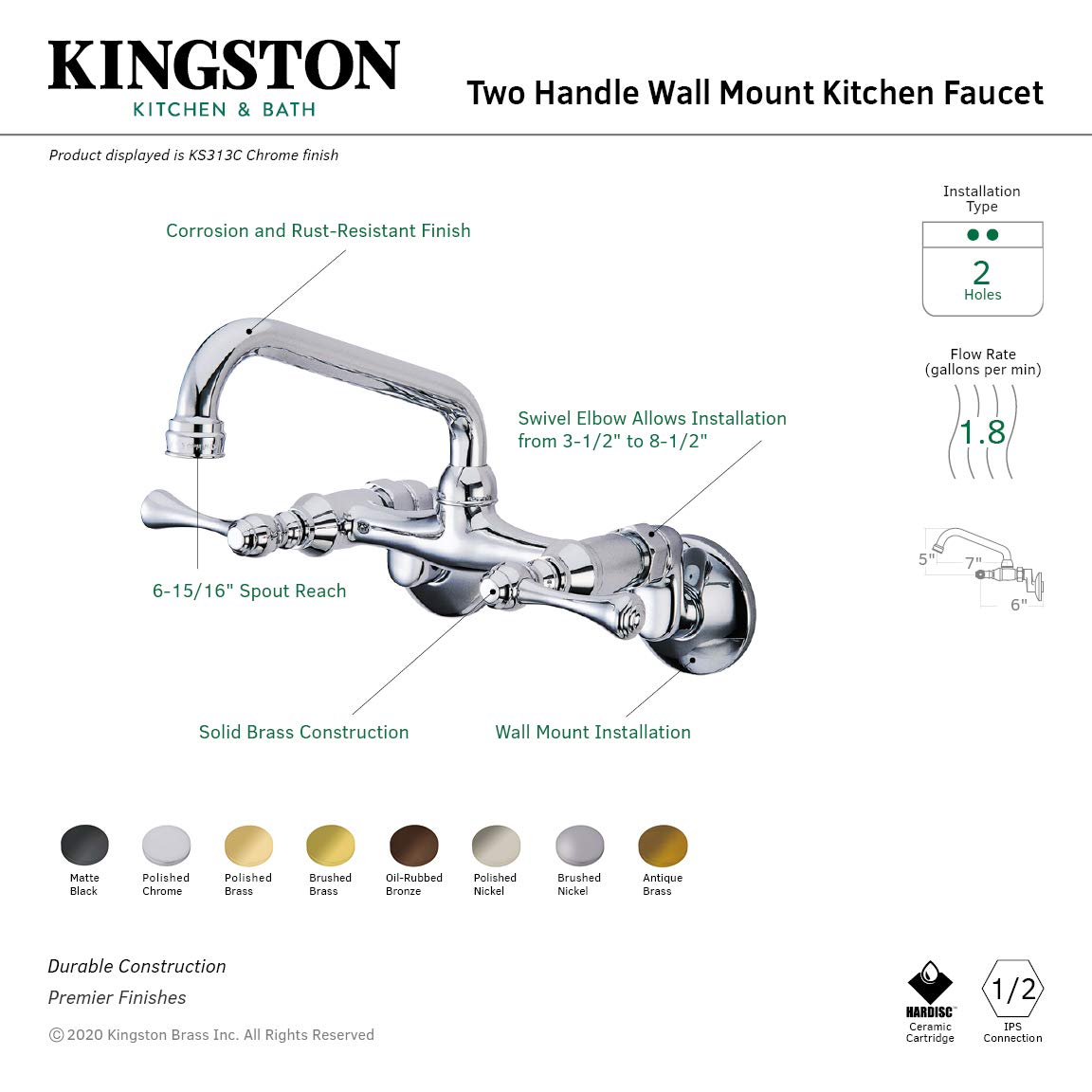 Elements of Design Wall Mount Kitchen Faucet with Lever Handle in Chrome Finish - Perfect for Modern Farmhouse, Industrial & Commercial Kitchens