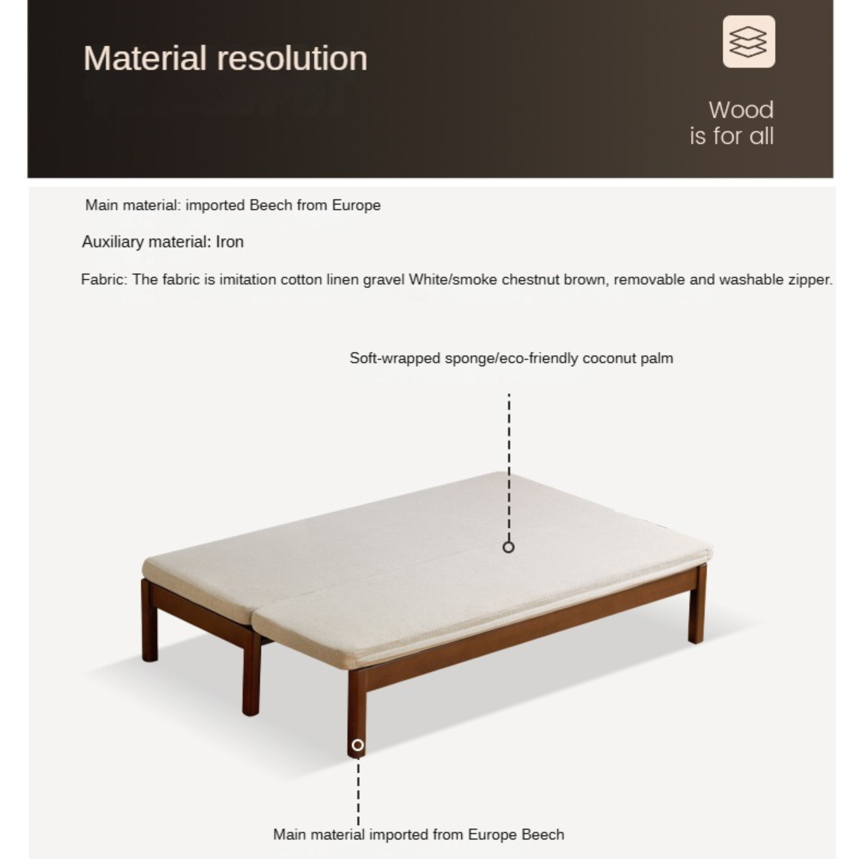 Beech Solid Wood Folding Sofa Bed - Convertible 2-in-1 Furniture for Small Spaces, Guest Room & Studio Apartments