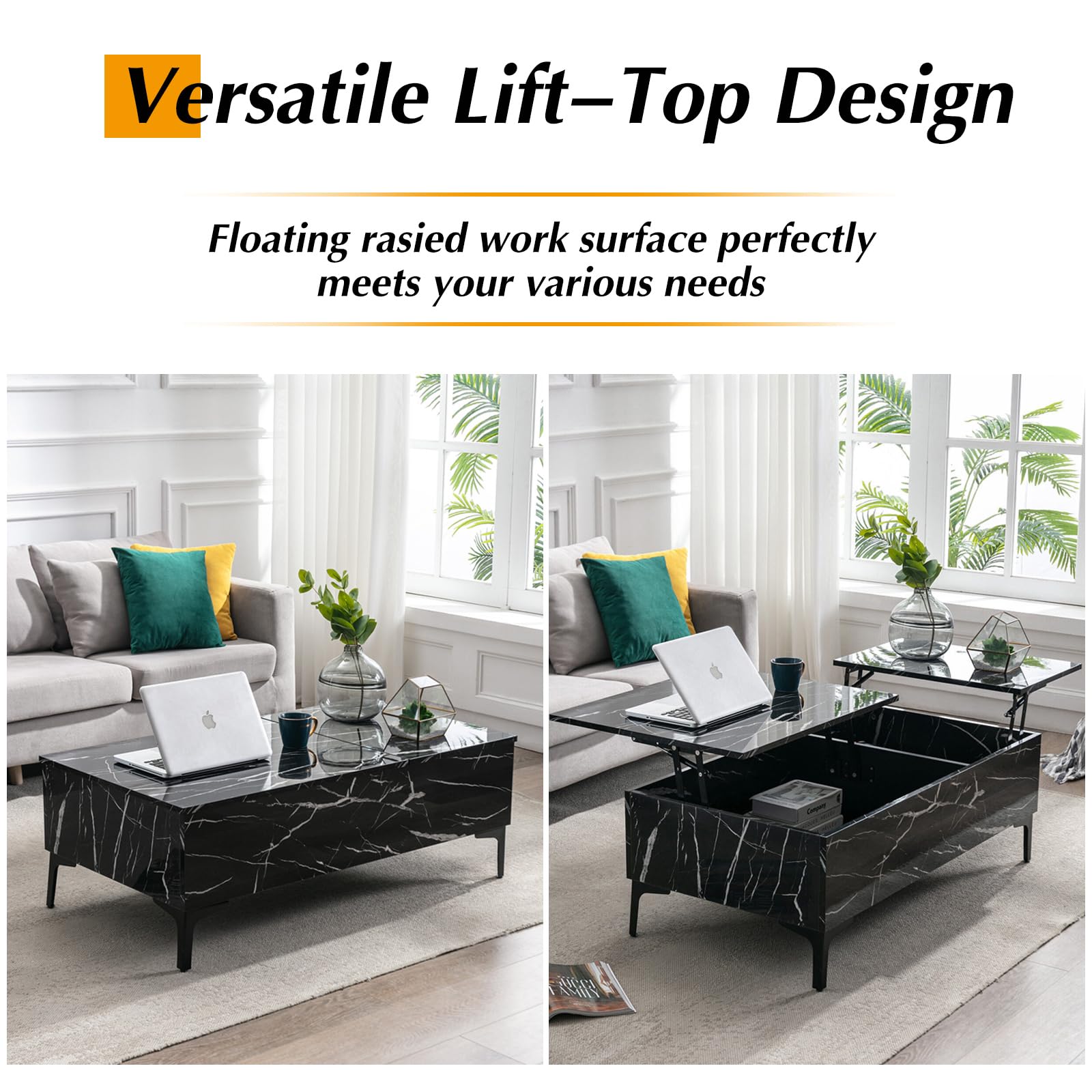 COSVALVE Lift Top Coffee Table with Hidden Storage, Marble Surface 2-Side Lift Tabletop - Modern Black Lift-Top Dining Table & Work Desk for Living Room, Home Office, Reception Area | Space-Saving Multi-Functional Furniture for Small Apartments & Studios